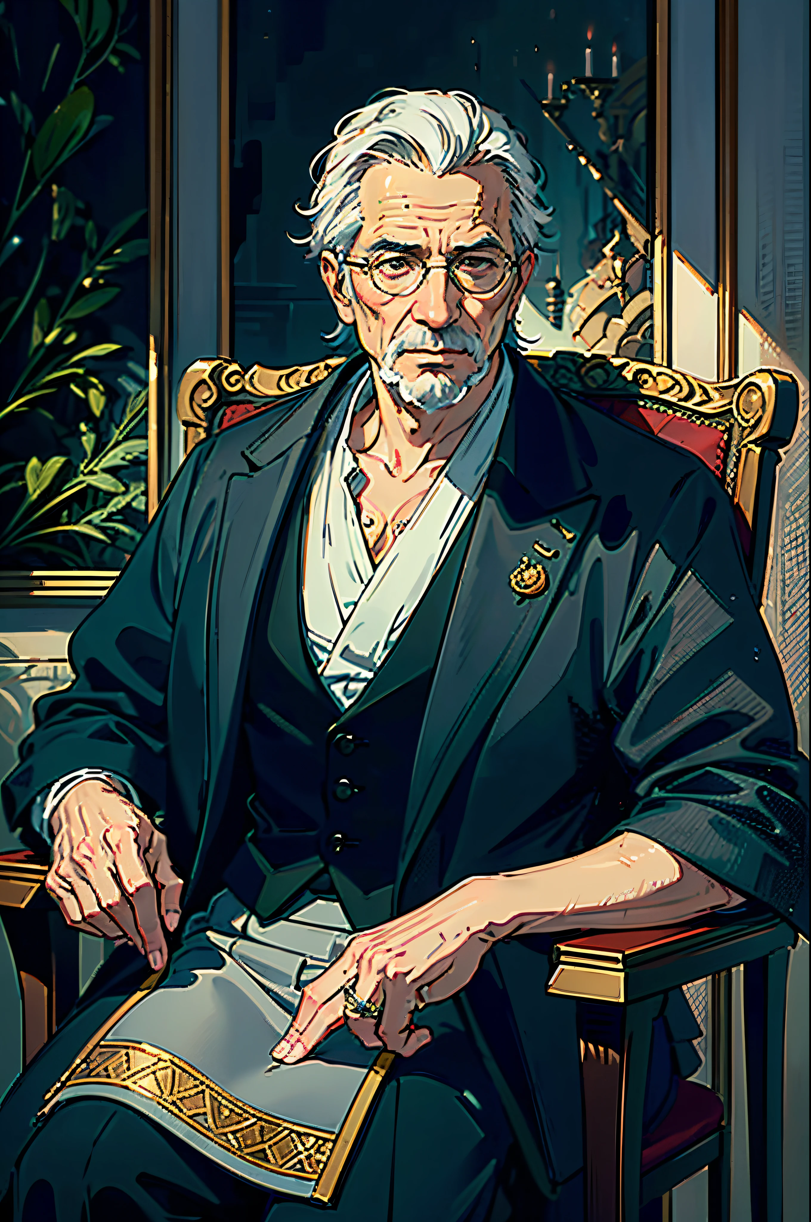 ((realistic: 1.5)),((best quality)), ((masterpiece)),((detailed)), old man, gray hair, expensive suit, focus on face, spiteful look, cold look, currled expression, sitting at the table, smoking cigar, presidential room