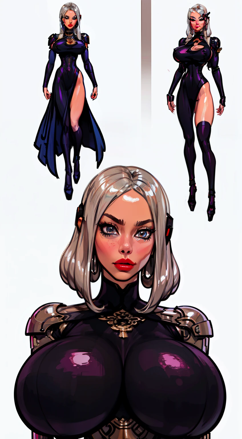 (emma stone face) ((masterpiece)),(((best quality))),((character design sheet)), ((full body view)) ((cyberpunk empress)) mature face, ((middle eastern eyes:1.4)), ((silver cybernetic gown)), (((intricate futuristic breastplate))), defined cheekbones, high cheekbones, illustration, muscular, ((cyber silver:1.4)), sexy bimbo, (gigantic breasts:1.7) black hair, ((detailed face:1.4)) beautiful woman, (Chinese:1.4) (white skin:1.4) , (red lipstick:1.4), shiny skin, scribbles and marks,(puffy lips:1.4) , rough sketches, pose, 8k,16k, (simple background, white background: 1.3) ((cool color palette)), ((cyberpunk aesthetic))