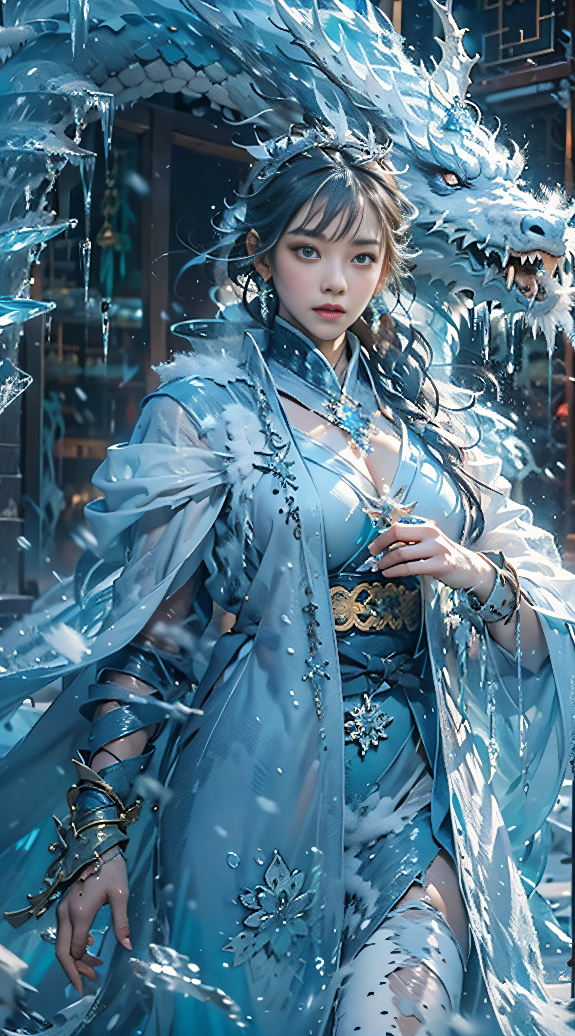 (((1girll)))，（Perfect facial features：1.4），Wearing an ancient Chinese Han Chinese costume，icey，ice wings，Splattered liquid，Wavy liquid，air bubble，standing on water，Behind him is a huge ice dragon，drak，Wave，Blue glow，（Frost wings），(((Powerful Ice Magic)))，(((Icicles)))，Soar above the landscape，Blue Light Cold Light，(((Ice Storm)))，Wind，((Flying snow ice and snow))，Amazing results，,best qualtiy,tmasterpiece,超A high resolution,Up to detail,intricate-detail,8K分辨率,8KUCG Wallpaper,nffsw,Water Blue,magic array,cinematic lighting effect,lightand shade contrast，Ray traching、NVIDIA RTX