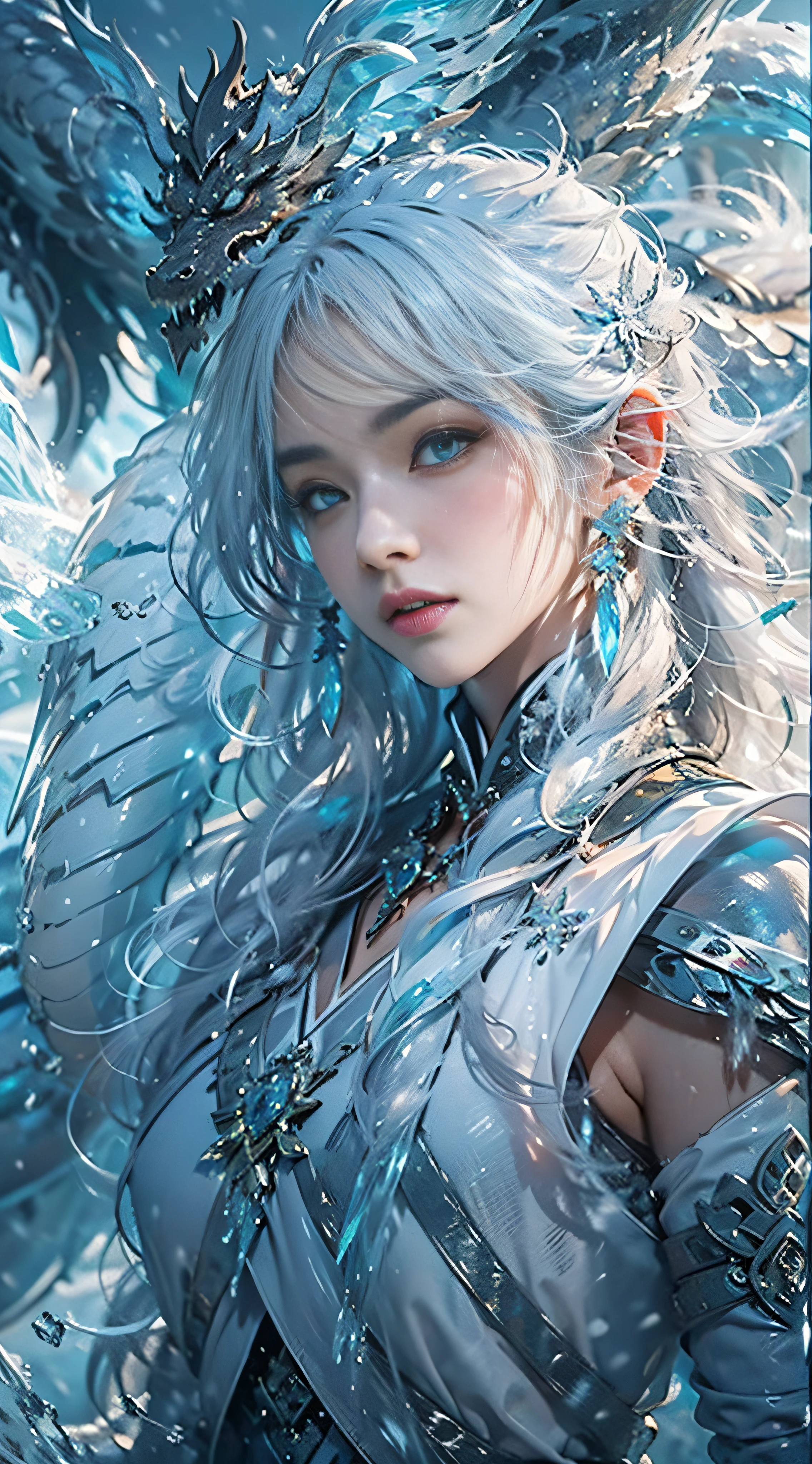 (((1girll)))，（Perfect facial features：1.4），Wearing an ancient Chinese Han Chinese costume，icey，ice wings，Splattered liquid，Wavy liquid，air bubble，standing on water，Behind him is a huge ice dragon，drak，Wave，Blue glow，（Frost wings），(((Powerful Ice Magic)))，(((Icicles)))，Soar above the landscape，Blue Light Cold Light，(((Ice Storm)))，Wind，((Flying snow ice and snow))，Amazing results，,best qualtiy,tmasterpiece,超A high resolution,Up to detail,intricate-detail,8K分辨率,8KUCG Wallpaper,nffsw,Water Blue,magic array,cinematic lighting effect,lightand shade contrast，Ray traching、NVIDIA RTX