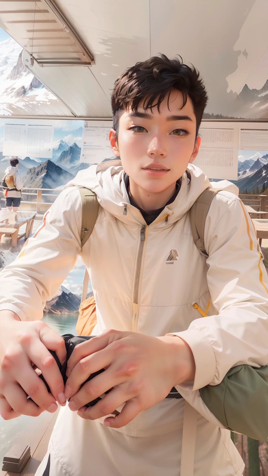 Natural scenery as background, mountain ranges, ln the forest, lakes, camp, A model in outdoor clothing, Comfortable hiking shoes, Model standing on a hillside, The colors of nature are used as the main color scheme