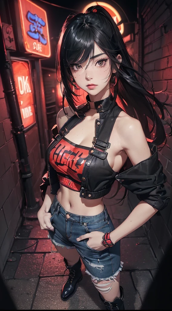 (((8k wallpaper of extremely detailed CG unit:1.2, ​masterpiece, hight resolution:1.2, top-quality:1.2, masutepiece))), ((a very beautiful woman, Hands in pockets:1.8, Street fashion:1.2, wearing a colorful jacket:1.2, denim, Wearing boots)), ((extra detailed face, Highly detailed black eyes, extra detailed body, Top quality real texture skins)), (Red Straight Hair:1.2, de pele branca, exposed shoulder), ((Empty alley, Mileland. natta, Neon Street)), (high-angle, a closeup, Fisheye:1.3), hyper realisitic, digitial painting,