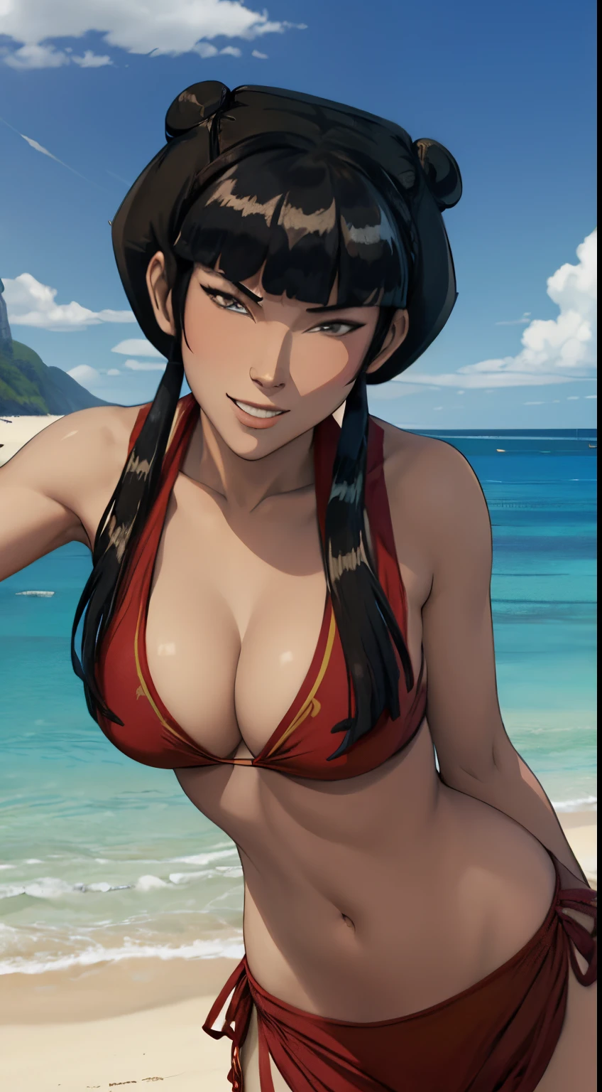 masterpiece, best quality, mai from avatar the last airbender,red bikini, cleavage, breasts,smile, long hair, blunt bangs, hair bun, twintails, double bun, sidelocks, looking at viewer, sexy pose, blue sky, beach background,