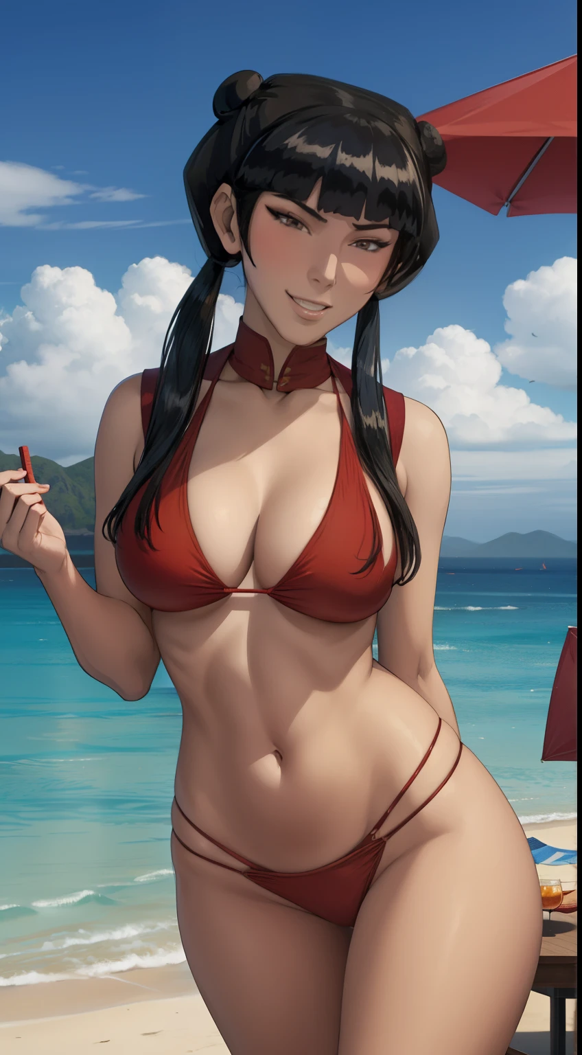 masterpiece, best quality, mai from avatar the last airbender,red bikini, cleavage, breasts,smile, long hair, blunt bangs, hair bun, twintails, double bun, sidelocks, looking at viewer, sexy pose, blue sky, beach background,