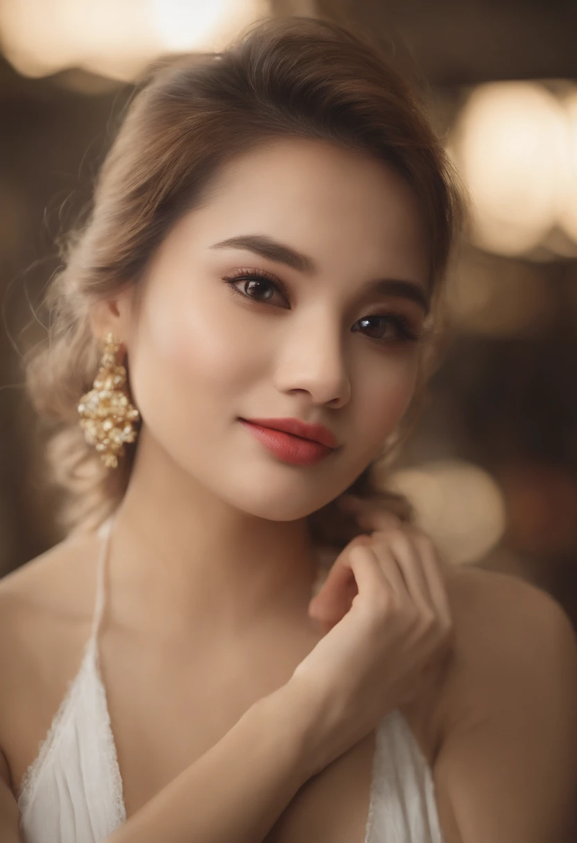 ((Best picture quality, 8K, masterpaintings:1.3)), 1girl huge large breasts,26 year old girl Beautiful woman with slender abs:1.3, (Casual hairstyle, :1.2), Sexy dress,Ultra-fine face, detailed eye, 二重まぶた,Smile with。Take pictures in cute poses,tiny small waist,Super big breasts,Close-up,Close-up chest,White-skinned,beautiful in the background, 、pretty woman:1.4、light brown hair、top-quality、smiling、asian girl、pink kurta