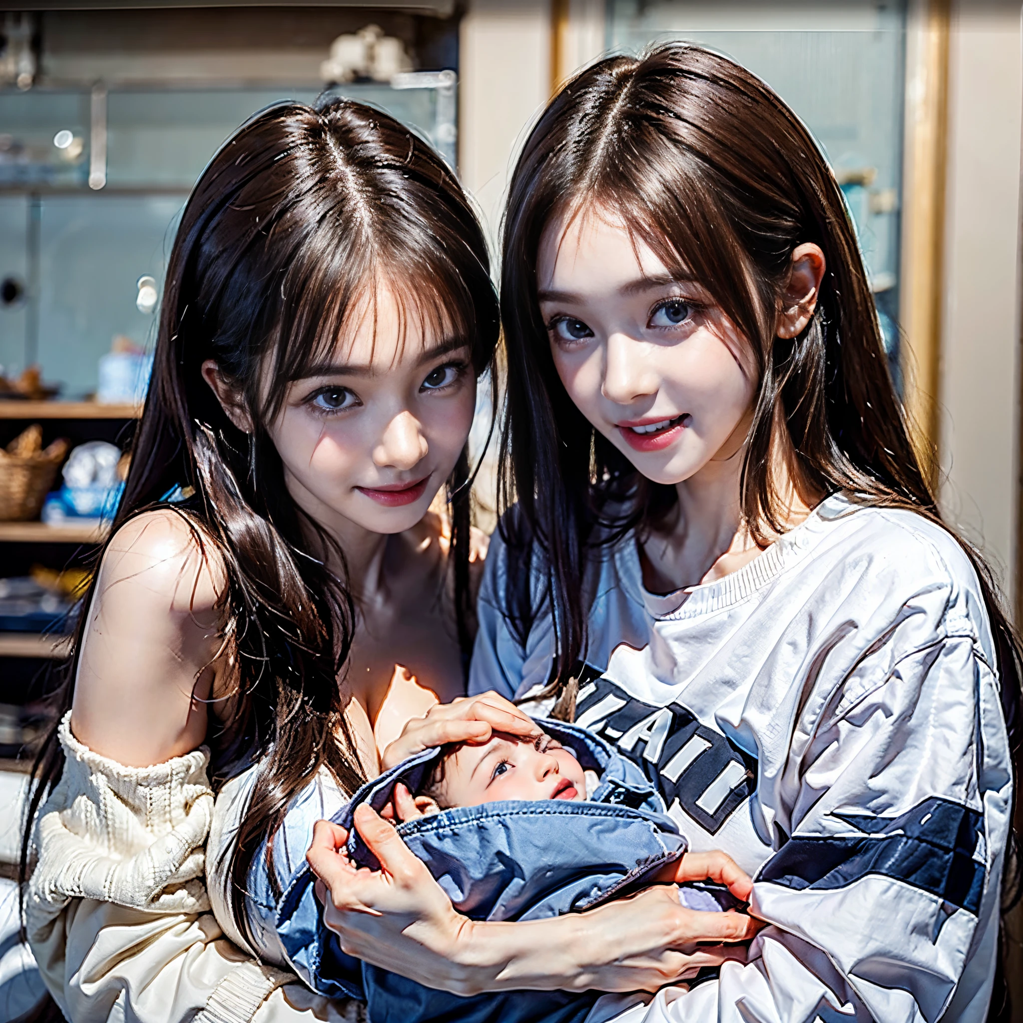 A new mother is trying to change her 's diaper. New mother struggles but smiles as she tries to change diaper. The babyles innocently、He seems to be enjoying being cared for..a smile、((Brunette disheveled hair:1.3))、very Bigger breasts