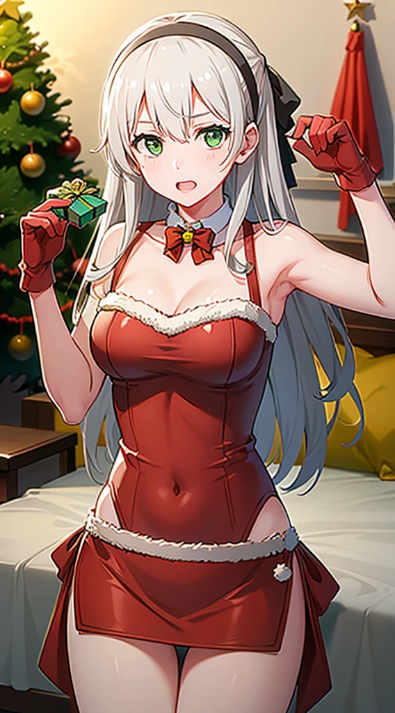 masterpiece, best quality, 1 solo girl, silver hair, green eyes, long hair, wavy hair, Christmas ornaments, medium breasts, mature body and face, red christmas dress, christmas, christmas light, christmas tree, red gloves, red santa skirt, holding gift, red bra, red panty, leg up, cowboy shots, sexy pose, dakimakura, detailed body, face, and eyes, sharp focus, vibrant, creative, dynamic, high definition, high resolution, 8k, (Upscale: R-ESRGAN 4x+ Anime6B), (Image enchance:4x), voluptuous body, hairband