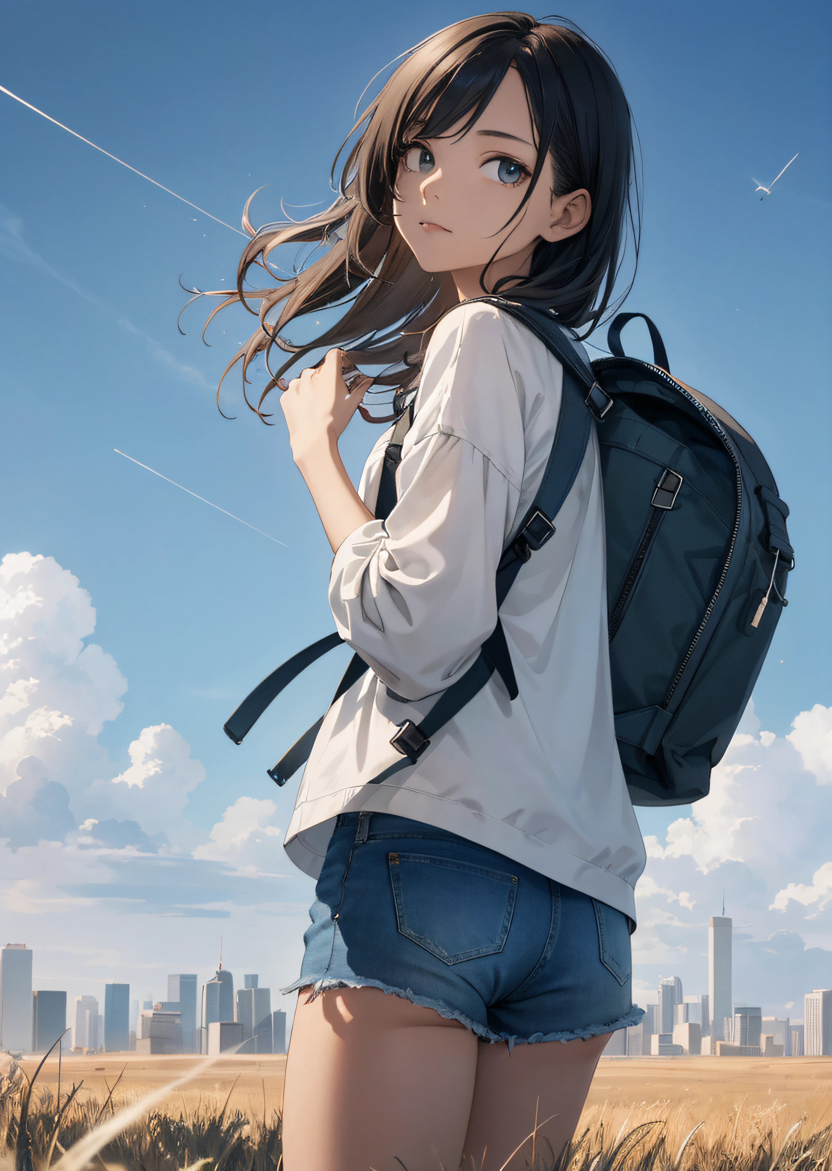 The vast sky, beautiful skyline, large grasslands, extremely tense and dramatic pictures, moving visual effects, high hanging Polaris, colorful natural glare. A girl in a long-sleeved top and denim shorts with a side backpack