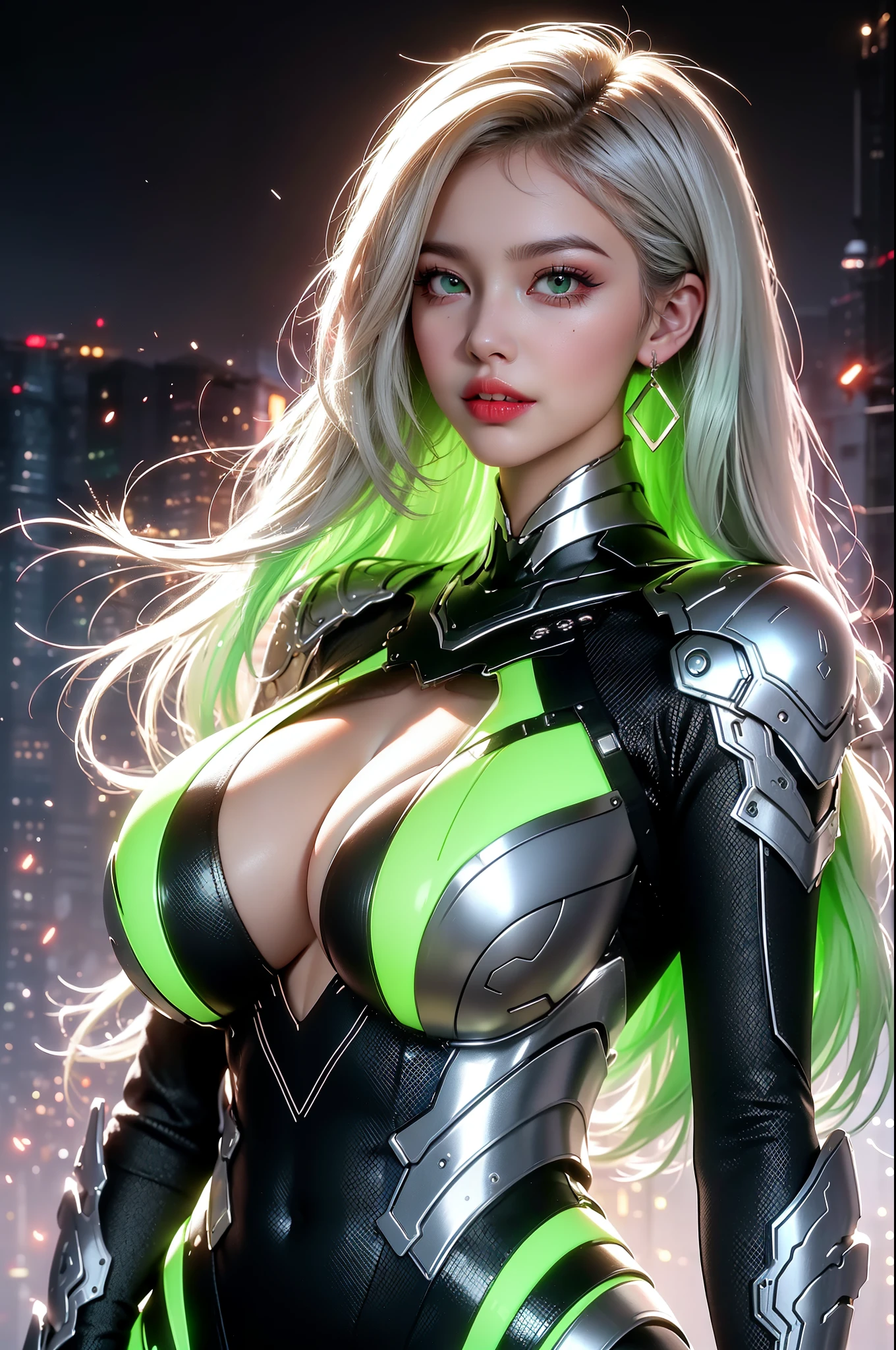 (masterpiece), best quality, expressive eyes, perfect face, beautiful details face, beautiful round eyes, upper body, A beautiful mature woman in cyber armour suit shows her Extremely busty and attractive breasts, (arrogant face), (light green hair), (twintails, expressive hair, shiny hair, glowing hair, multicolored hair, gradient hair, colored inner hair, straight hair, medium long hair), fair skin, (beautiful detailed full bodysuit:1.3), full body cyber armour, glowing and shining armour, silver and green cyber armour, (Edge lights:1.4), (silver and green colour scheme:1.3), neon light on armor, beautiful details eyes, (emerald eyes:1.3), (glowing eyes:1.2), (Gigantic saggy breasts:1.6), tight breasts, thick body, (well accentuated curves), pink lips, (silver nails), mascara, Long eyelashes, eyeliners, (Extremely wide well defined hips:1.3), (beautiful massive thick thighs:1.3), has a tall slender figure, (Extremely detailed skin texture:1.2), beautiful detailed realistic muscle definition, golden lights that shimmer, high detailed eyes, ultra-high quality model, proportionate, intense colouration fantasy, (background fantasy floating cyber city), green and gold tetradic colours, earrings, (1girl), solo, shine