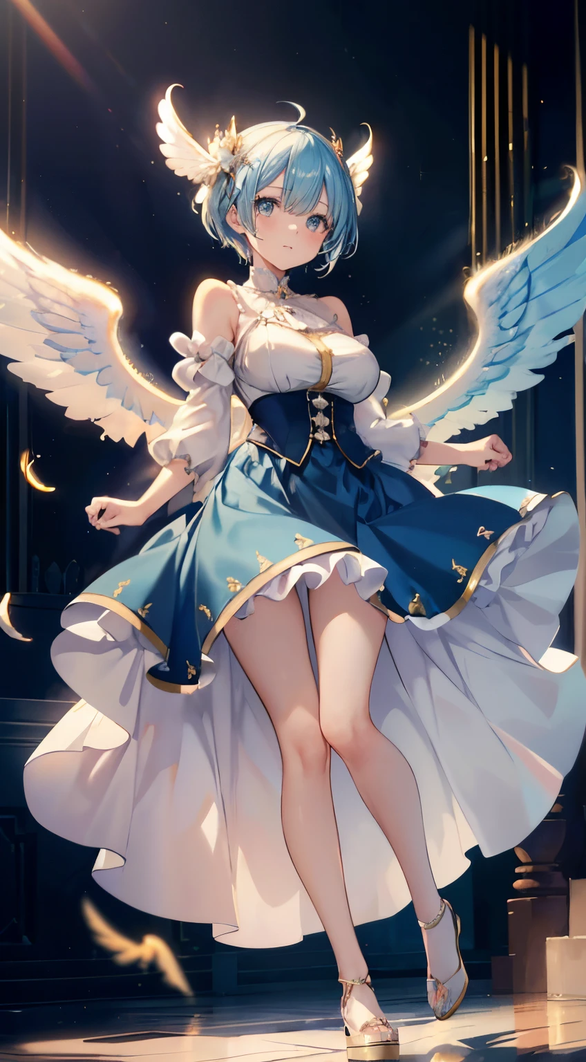 extra detailed face, Perfect Lighting, extremely details CG, (Perfect hands, Perfect Anatomy)、Ultra-realistic photo of a girl in a majestic white and golden ball gown dress, Big beautiful dress, Complex puffy ball gown with lots of frills and rhinestones (Best Quality, masutepiece, ((Angel wings:1.2))。 art stations, Fantasy Art:1.2), Palace rooms, Beautiful cute girl, Rem of Rezero、(Blue shorthair:1.3), Bangs hide one eye、(Complex short gold skirt, Bare legs:1.2, Full body shot)、very Bigger breasts、White panties、Skirt flipping in the wind