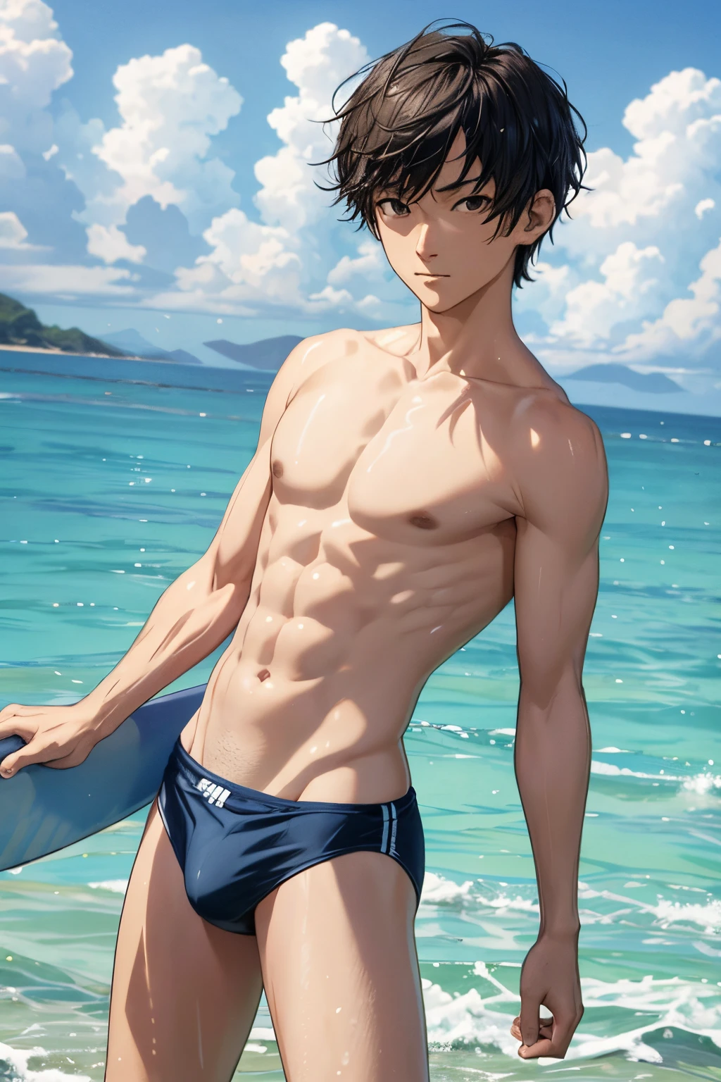 (absurdress, hight resolution, Ultra Detailed, HDR), Masterpiece, Best Quality, Boy playing on a surfboard in the sea, 独奏, a handsome, Short hair, black hair, finely eye and detailed face, white pale skin, bare breast, swimming trunks, surf, smirk, sunny skies and cloudy, full body view, from side, At the back, look at the viewer