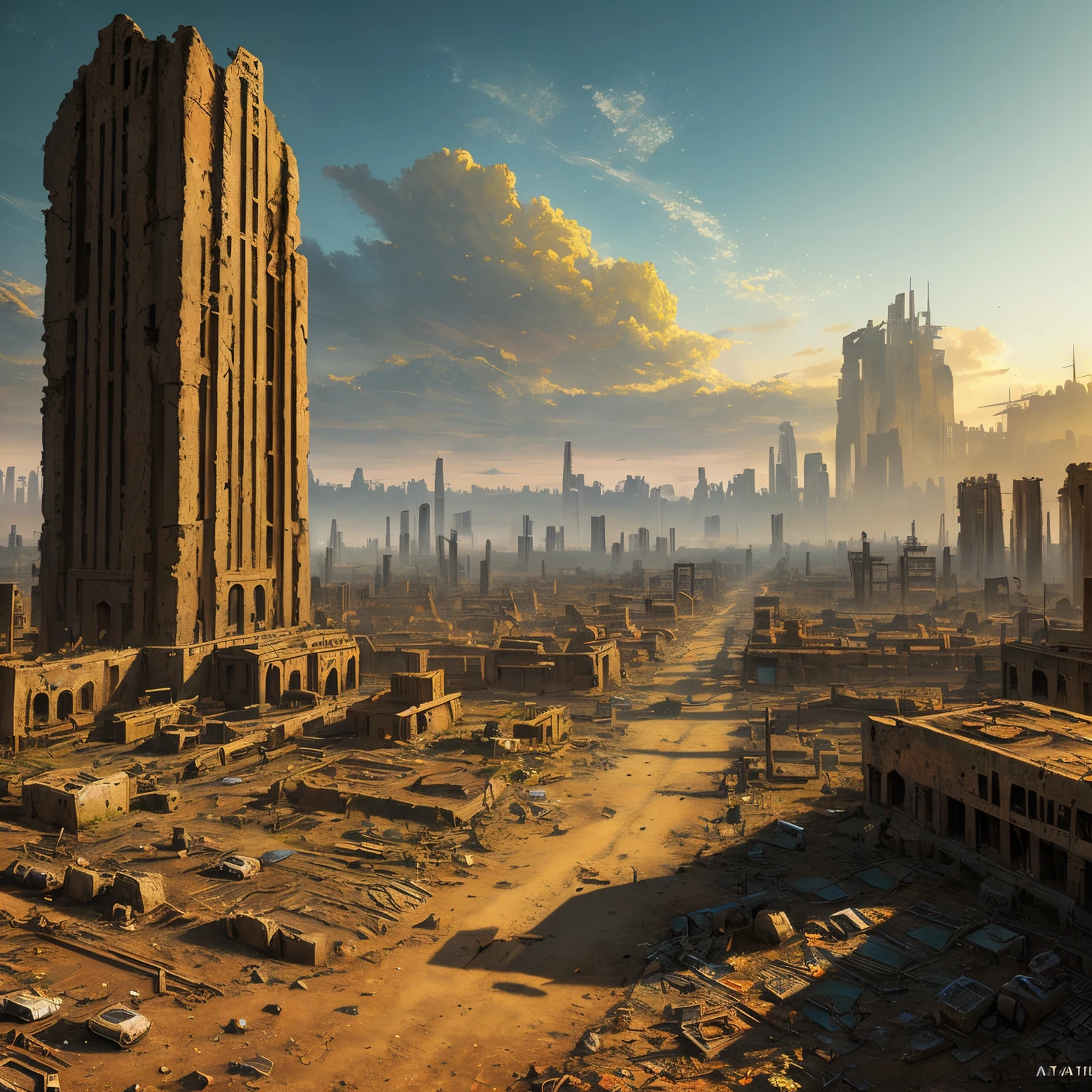(Best Quality,masterpeace),(hyper-detalied, colourful),
A post-apocalyptic wasteland with the ruins of a once great civilization
,Perfect composition, best exposition, (the golden ratio:1.2)
, HDR, dramatic,Cinematic lighting, Trending on ArtStation,trending on CGsociety, Professional oil painting,immense detail,