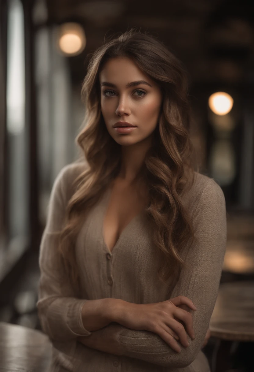arafed woman fully , sexy girl with brown eyes, ultra realistic, meticulously detailed, portrait sophie mudd, brown hair and large eyes, selfie of a young woman, violet myers, without makeup, natural makeup, looking directly at the camera, face with artgram, subtle makeup, stunning full body, standing at the shopping center, medium size bust