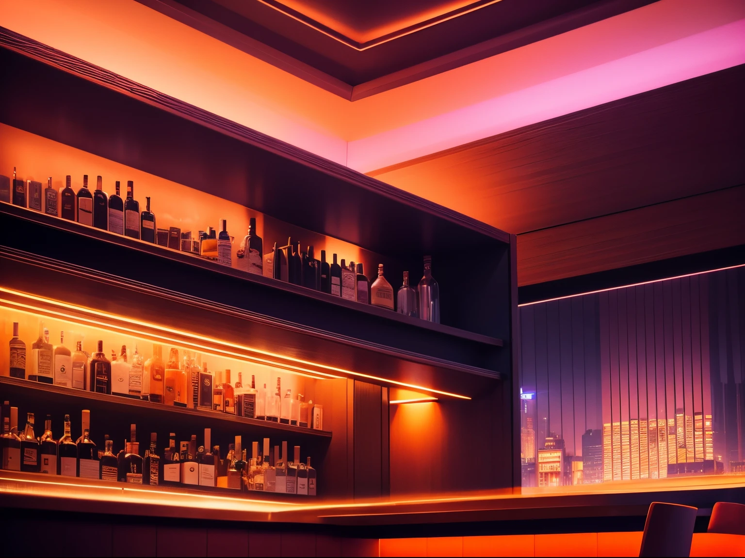 Fashionable bar in the near future Box seats Orange lighting The dim Night View from your seat