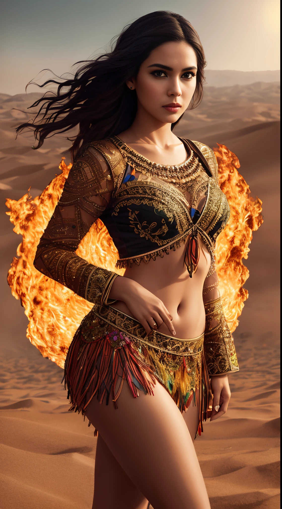 create Mariana Davalos in Full body photography of the most beautiful artwork in the world, a beautiful woman in intricate costume burning in the desert, rainbow colors, ArtStation, CGSociety, complex, high detail, clear focus, dramatic, realistic pictorial art trends Greg Rutkovsky
