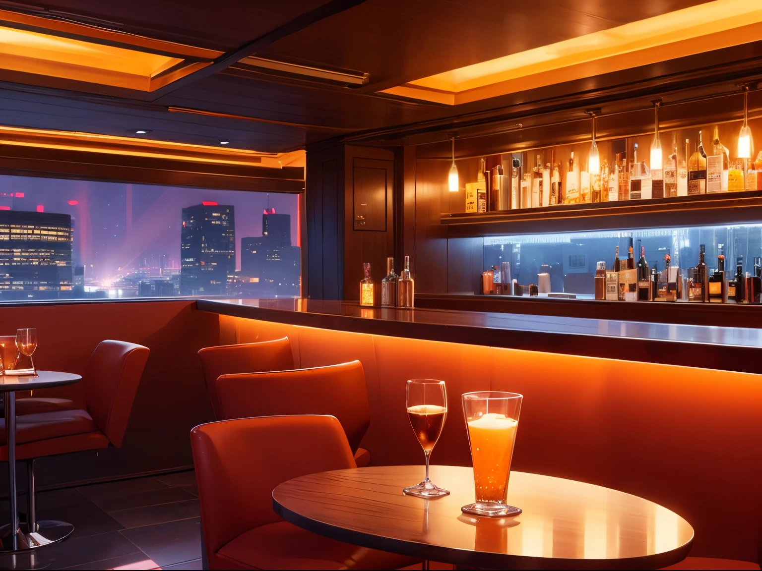 Fashionable bar in the near future　Box seats　Orange lighting　The dim　Night　Viewpoint of sitting in a seat and looking at the seat facing each other　No one