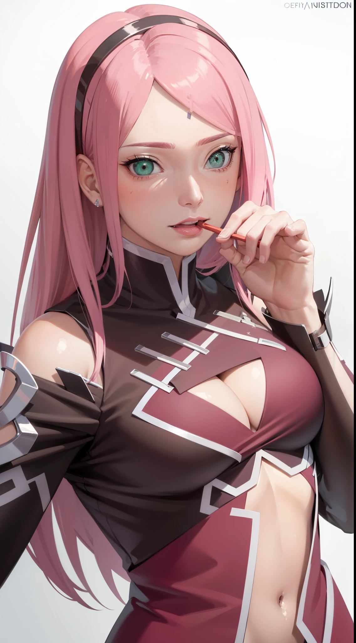 Obra prima, extremamente detalhado, melhor qualidade, best ilumination, melhor sombra, rosto perfeito, curvas suaves, corpo feminino, cabelo curto rosa, red bow in hair, Haruno Sakura, sensual, boca aberta, tongue stickout, drooling tongue, konoha, flores de cerejeira, sorriso, peitos grandes,