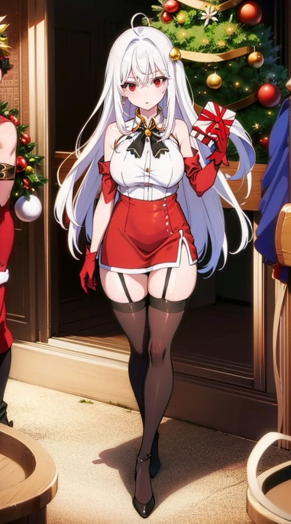 masterpiece, best quality, 1 solo girl, silver hair, red eyes, long hair, wavy hair, Christmas ornaments, medium breasts, mature body and face, red christmas dress, christmas, christmas light, christmas tree, red gloves, red santa skirt, holding gift, red bra, red panty, leg up, cowboy shots, sexy pose, dakimakura, detailed body, face, and eyes, sharp focus, vibrant, creative, dynamic, high definition, high resolution, 8k, (Upscale: R-ESRGAN 4x+ Anime6B), (Image enchance:4x), voluptuous body