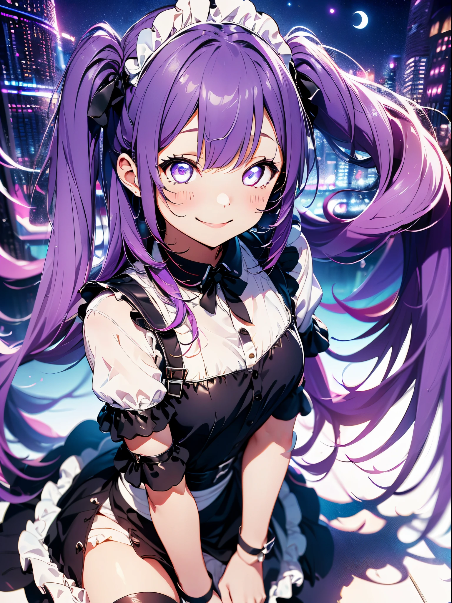 Top image quality、(((full bodyesbian))),Standing Picture、Outstanding style、Smile with all your might、beauty legs、Leather shoes、dynamicposes、Little Girl, Younger、Gothic lolita, (((light purple hair))), Purple eyes, (mascara), Blunt bangs, ((hair over eyes)), Long hair, mixed pink hair、pink mesh color、medium breasts, frilld,white frills, Black theme, ((maid clothes)), faithfully, (((Eye focus))), (((a smile))), the background is blurred, Empty eyes, purple theme、view the viewer, (((Night))), (((hair adornments)))