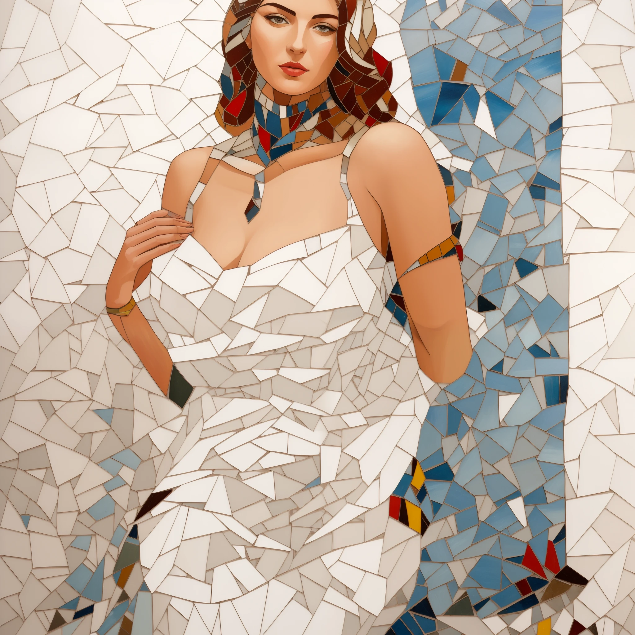 A painting of a woman in a white dress standing in front of a mosaic wall, mosaic, inspired by Sandra Chevrier, by Galen Dara, painting of a woman, maxim verehin stained glass, detailed woman, portrait of a beautiful goddess, Portrait of the Goddess, Inspired by Olga Rozanova, Janna Bauk, Sergey Vasnev, mosaic
