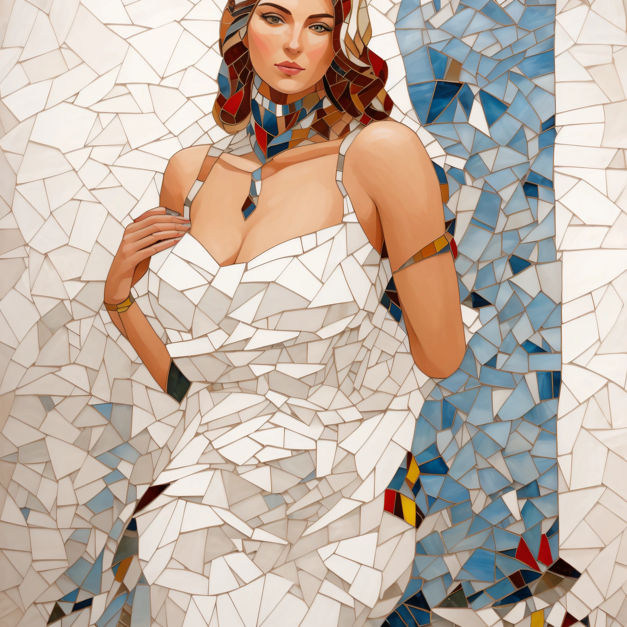 A painting of a woman in a white dress standing in front of a mosaic wall, mosaic, inspired by Sandra Chevrier, by Galen Dara, painting of a woman, maxim verehin stained glass, detailed woman, portrait of a beautiful goddess, Portrait of the Goddess, Inspired by Olga Rozanova, Janna Bauk, Sergey Vasnev, mosaic