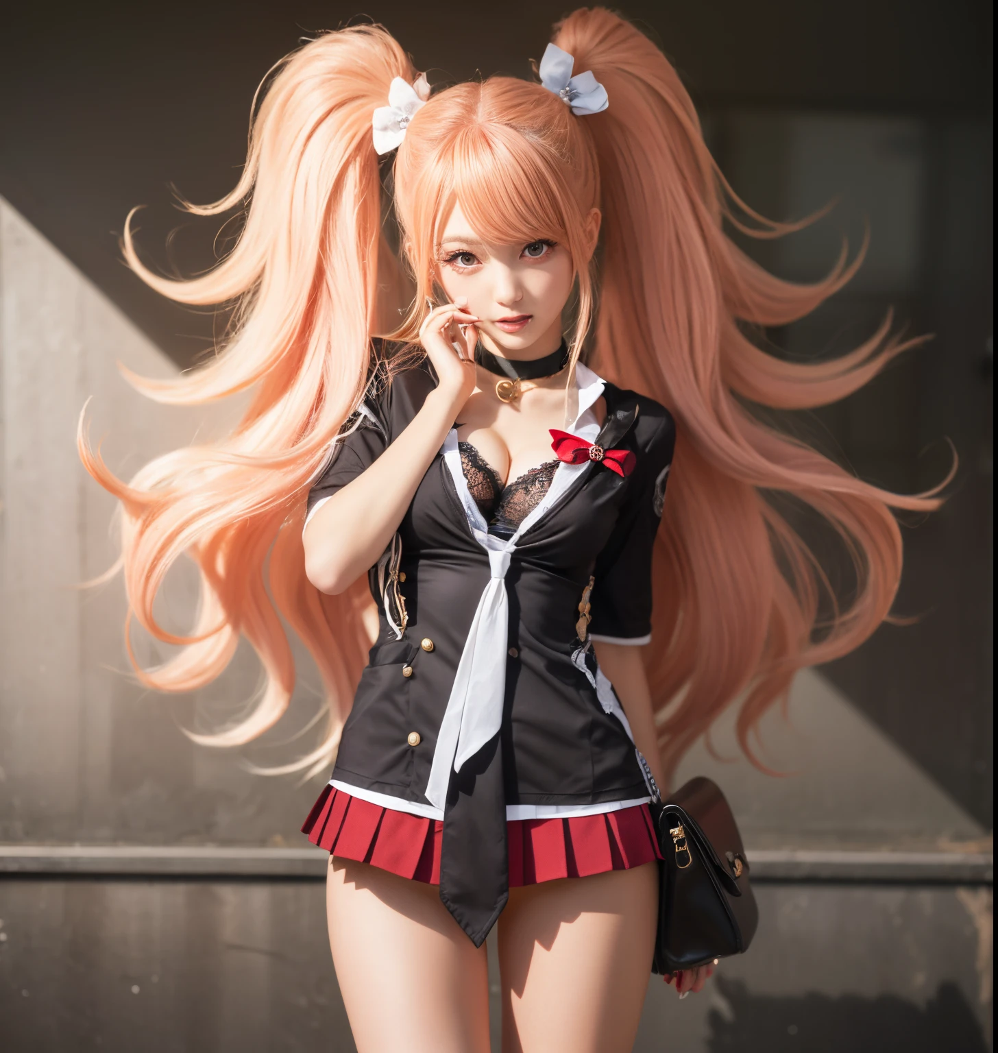 top-quality, 8K, ultra-detailliert, Photorealsitic, Junko Enoshima, pink gold long hair, 1girl in, Twin-tailed, 独奏, blue eyess,, bangss, bear hair ornament, (red claw), Red ribbons, Black shirt, undergarment, a choker, Black bra, cleavage of the breast, 鎖骨, Rolled up sleeves, white necktie, Red skirt with pleated plaid pattern, (student clothes), Black Cross Lace Knee Boots, Glossy, shinny hair, School scenery, school hallway, School windows, Tsundere、kawaii、get angry、get blush、Opening Mouth、a school bag、Beautiful hands、forefinger、Five Fingers、(Toenails)、(red claw), free pose,