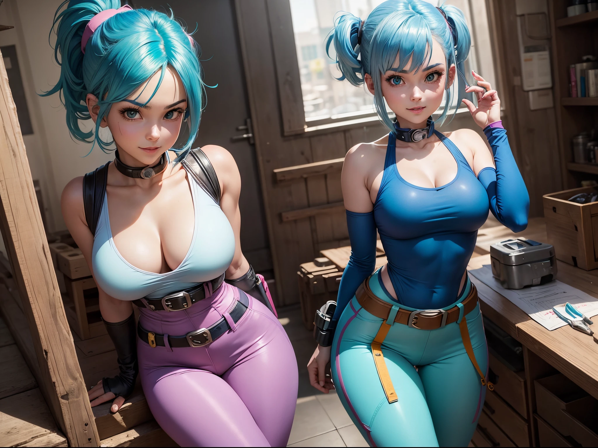 Bulma from Dragon Ball anime,adventurous, vibrant blue hair , beautiful intricate eyes, pink dress , green belt , leggings, white boots, gloves, and a small pouch for tools , charming smile, youthful and cute face, slender figure, inventor , scientist, tools , capsule device and a high-tech scouter large breasts