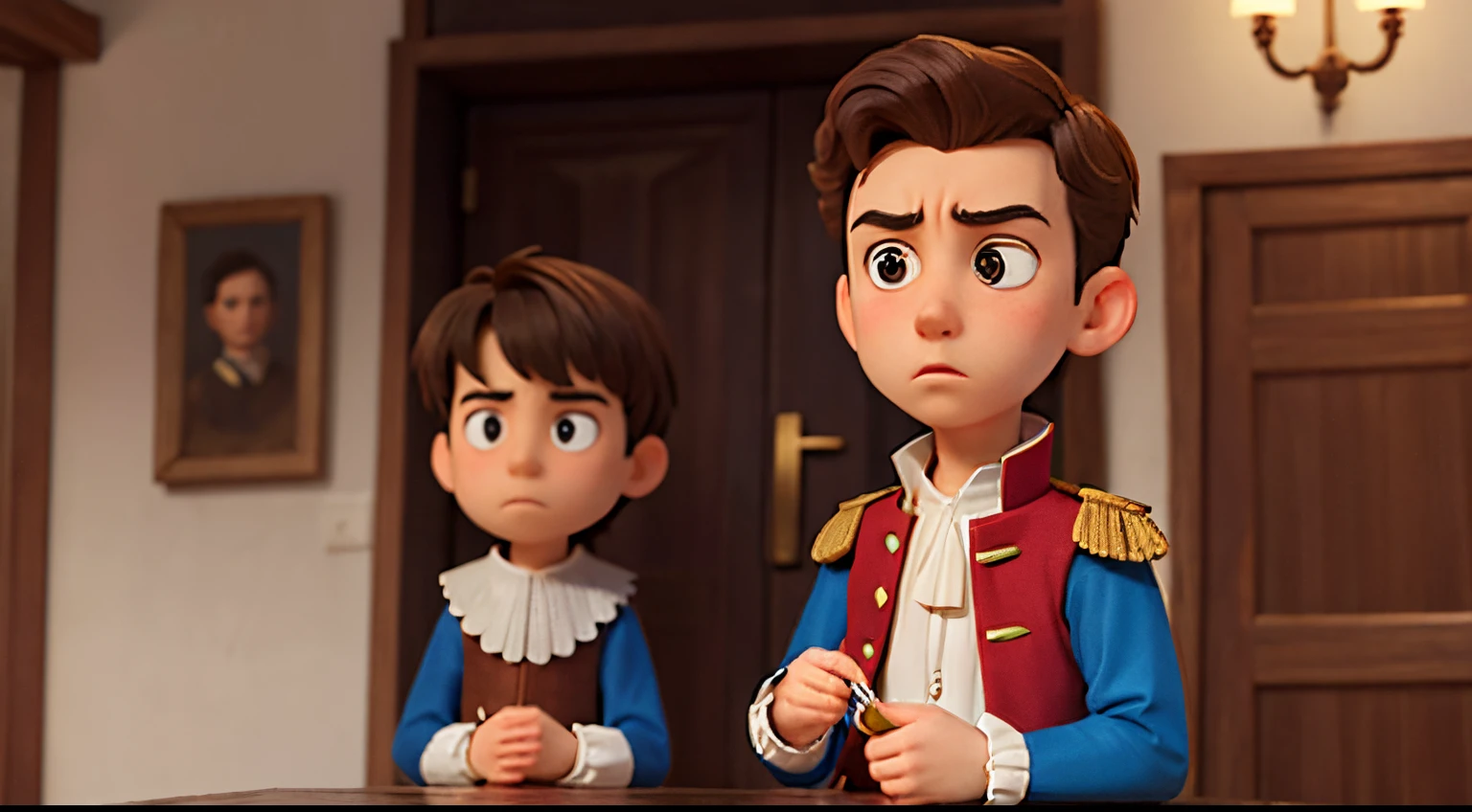 A young man with a worried look wearing 16th century clothes, cartoon style,