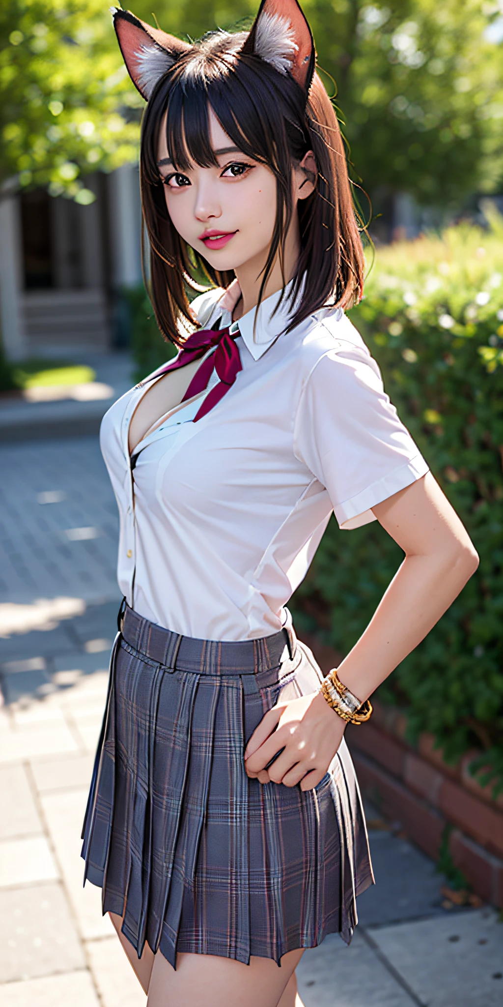 (((professional: step by step, considering even the smallest detail, god-level final result))): "perfect body, full body, cowboy photo, beautiful, masterpiece, best quality, realistic photo 1girl 16years, symmetrical face, serval kemono friends, cat tail, very low waisted 10% cowboy miniskirt, cat ears, blonde hair, round breasts, ((80% )), (((offer your hips to the viewer , visible thong))), natural skin texture, realistic intricate details of eyes and face, lipstick, short fluffy hair, messy hair, smile, closed mouth, beautiful legs, tall woman, skinny, slim_legs, alone, huge chest, cleavage , (pose with buttocks in front of you), shirt, beautiful nature location, around flower location, (detailed background), plaid skirt, white minishirt, huge chest, cleavage, Show a small cleavage through the shirt, loafers, blurred background, blurred, holding, plaid, short sleeves, jk ribbon on the neck, jk ribbon, brown-hair, bracelet, water, bangs, school uniform, jewelry, parted lips, lips, from the side, depth of field, rear side solar lighting, canon eos 50mm camera, random view"