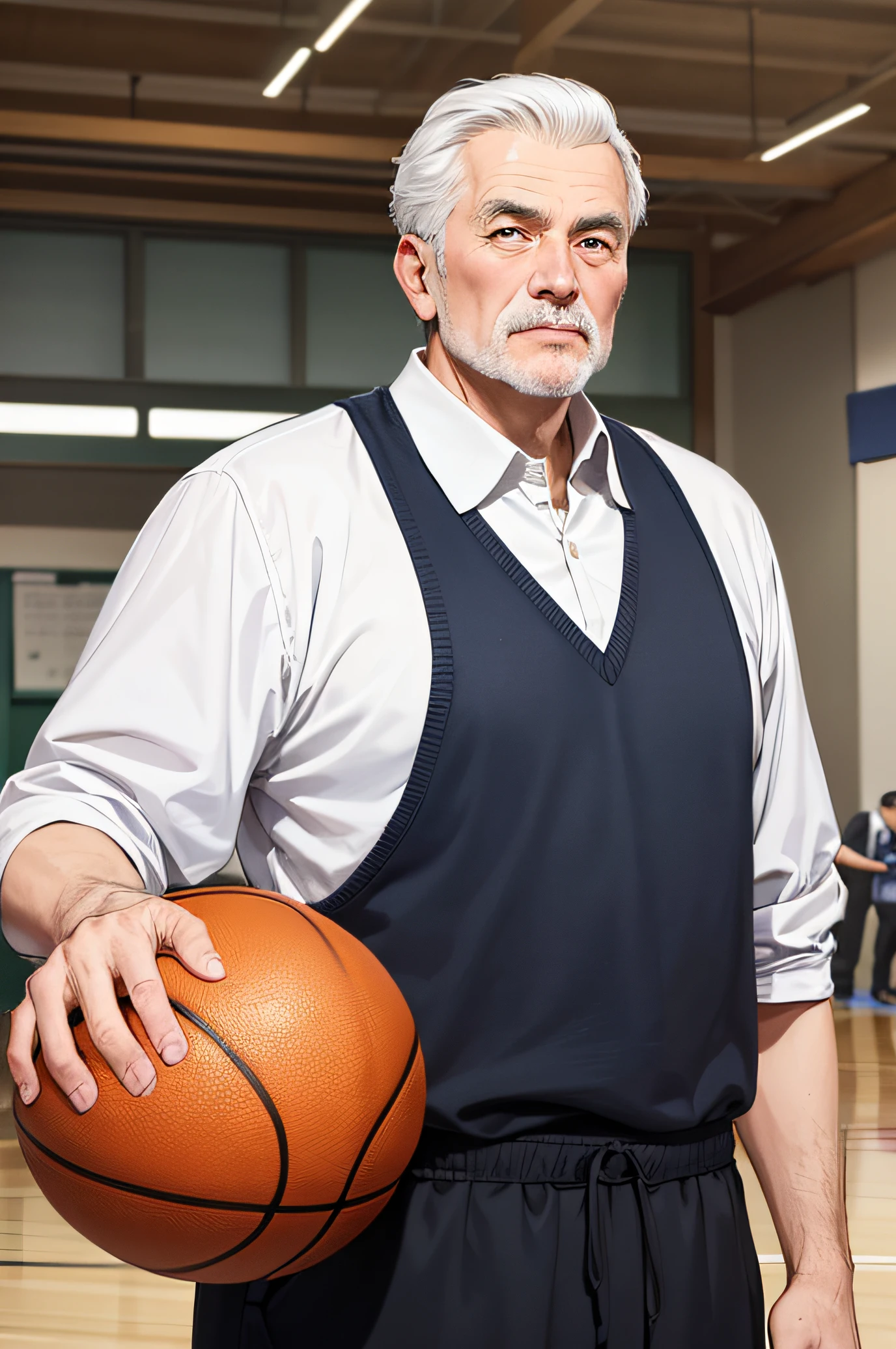 A handsome old man with a basketball。has a motion、has a stylish style。He has leadership and looks at you as if he is talking to the team members.。He speaks with vitality to convey this sport to young people.。