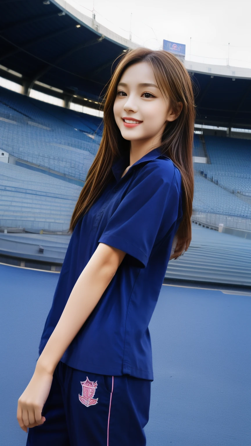 (bestquality,10,10,highres,masterpiece:1.2),ultra-detail,(Realistic,photorealistic portrait,photo-realistic:1.37),1 Cute girl in the football field,oily shiny skin,bara,light smile,BDclothes,((blue shirt:1.3)),short sleeves,shirt, trousers.,(navy_long_Pants Track:1.1), ((Stadium Background:1.3)),dynamic angle,excited,face focus,Dynamic Poses,from behide,Ass Focus,masterpiece, bestquality, ultra realistic, hyper-detail, 8k resolution, RAW photo, crisp focus, ((Navy blue shirt:1.1)), short sleeves, Long Path, Perfect body, 2 mature women, 18yo, cinematic light,Blue sweatpants,Gymware,Correct anatomy,Complete body, Correct body, sharp face, Anatomically correct body, full entire body, Realistic gestures, long-haired, Realistic poses,Wear long shorts.................,Long leg span,Shapely,Sculpting Girl, Slender Figure, mannequin mannequins, Shapely, Beautiful body,Blue sweatpants, Two girls kissing