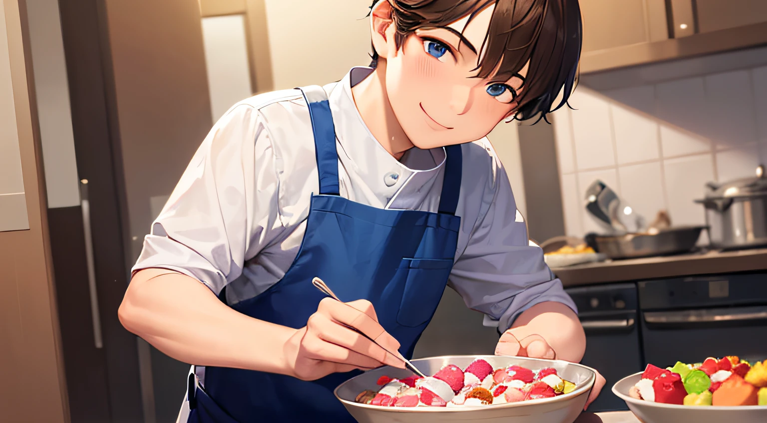 ​masterpiece、hightquality、25 year old man with short brown hair and blue eyes、Like a cartoon in Japan、wearing a blue chef&#39;s uniform、Face up、(Alone:1.5)、(Smiling expression:1.5)、(Only the upper body is shown.:1.3)、The background is the kitchen、Making sweets、Bold composition、