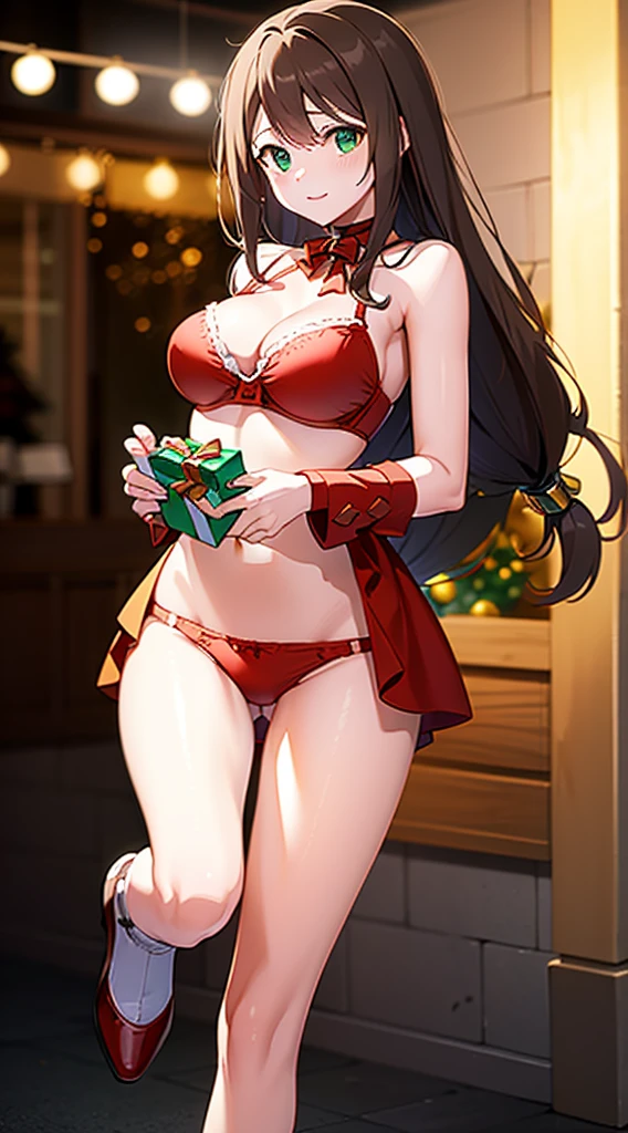 masterpiece, best quality, 1 solo girl, rosie brown hair, green eyes, long hair, wavy hair, Christmas ornaments, medium breasts, mature body and face, red christmas dress, christmas, christmas light, christmas tree, red gloves, red santa skirt, holding gift, red bra, red panty, leg up, cowboy shots, sexy pose, dakimakura, detailed body, face, and eyes, sharp focus, vibrant, creative, dynamic, high definition, high resolution, 8k, (Upscale: R-ESRGAN 4x+ Anime6B), (Image enchance:4x), voluptuous body