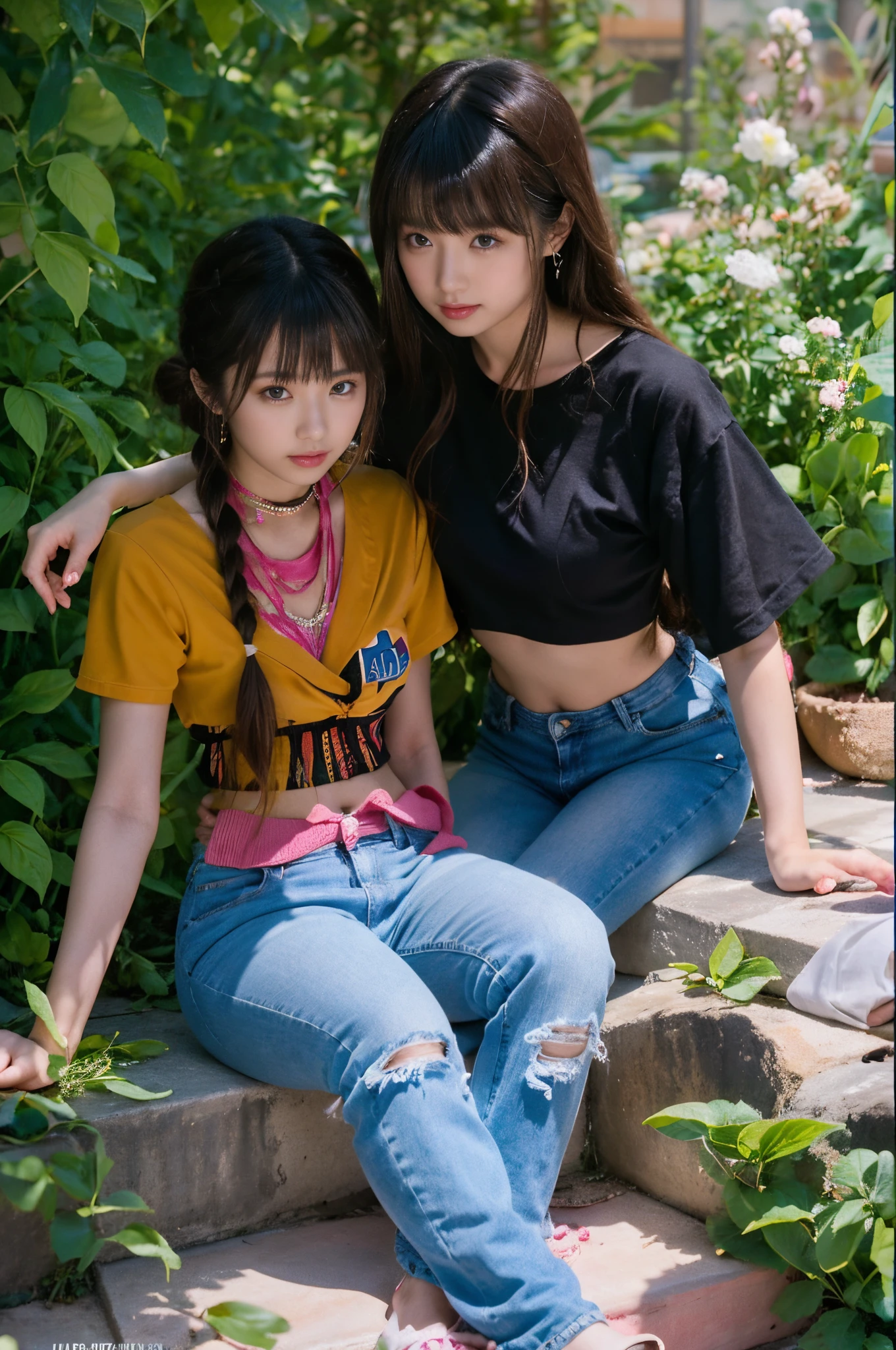 The proportions are the same for all races, All faces and pictures must be different,(ulzzang-6500-v1.3,pureeroface_v1,octane rendering),elegant pose,xxmix girl women, High level of image quality、Like a shot with an SLR、Super detailed illustration of two women, Duo,sisterhood ,sitted,Petting the,closeup portrait,hugs,strabismus:1.4,Depicting the eternal beauty and spirit of two women in 1990. they have a braided hairstyle as used to be in the 80's with lots of thin braids. They wore low-rise jeans and crop tops, 90s clothes. environment in the 1990s, Ms. Schiffer&#39;s work. _电影灯光_v2