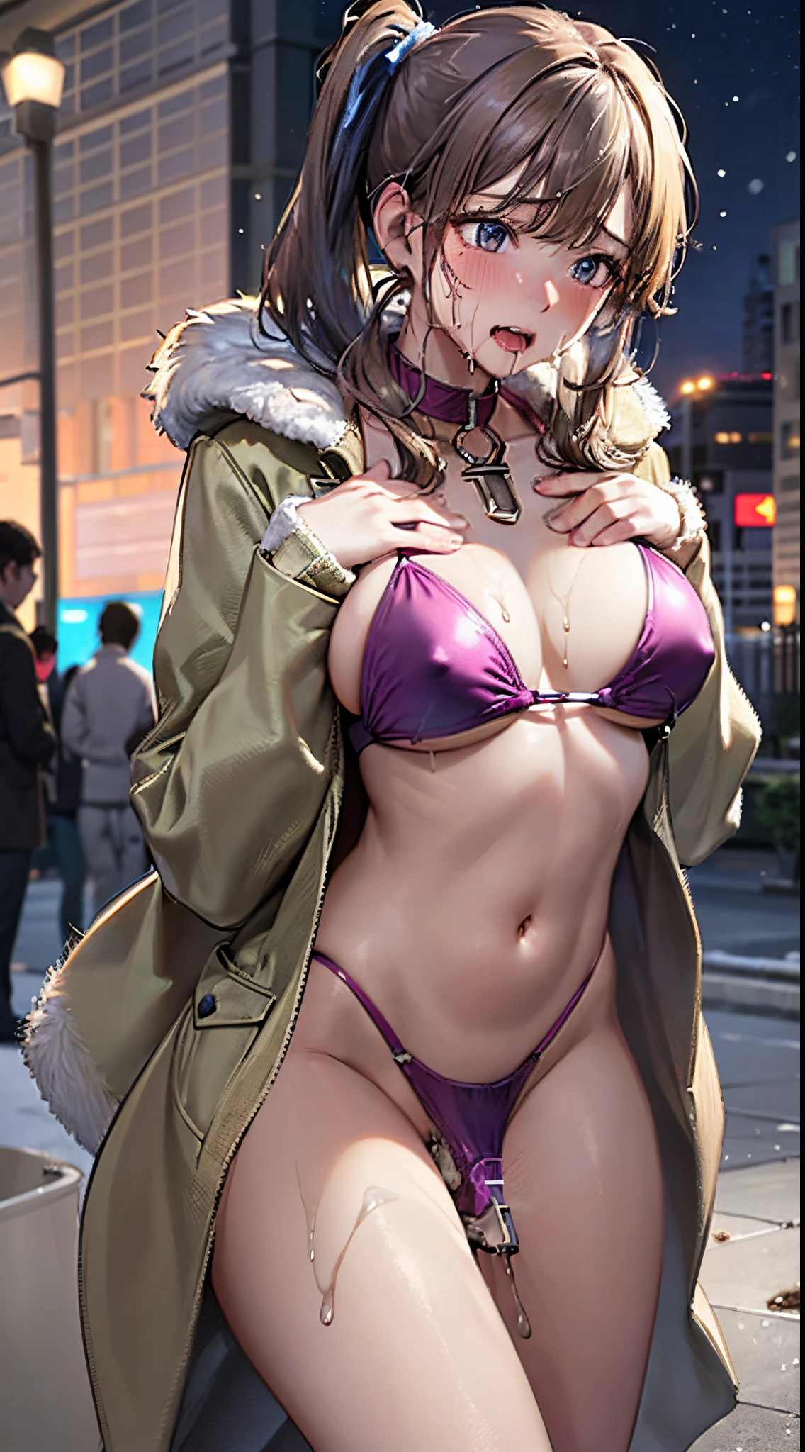 ((((perfect anatomy, super detailed skin)))), 1 girl, japanese, high school girl, shiny skin, large breasts:0.5, looking away, watching the view,
beautiful hair, beautiful face, beautiful detailed eyes, (long hair:1.7, side ponytail:1.5), , brown eyes,
beautiful clavicle, beautiful body, beautiful chest, beautiful thigh, beautiful legs, face, mole under eye,
((metallic purple bikini), short boots, (beige coat, open the coat myself)), extremely sexy, wet crotch, seductive thighs, camel toe, ((silver animal collar)),
((hands between legs, hands on chest, leaking pee:1.7, leaking poop:1.7)),
((ahegao, ashamed, drooling, open your mouth wide)), (((walking, sex toys in panties), female masturbation, abused, object insertion, vibrator)),
(beautiful scenery), winter, midnight, hokkaido, sapporo, odori park, christmas, christmas tree, illumination, tv tower, snow, snowfall:1.4, freezing weather, frost,
(8k, top-quality, masterpiece:1.2, extremely detailed), (realistic, photorealistic:1.3), beautiful illustration, cinematic lighting,
