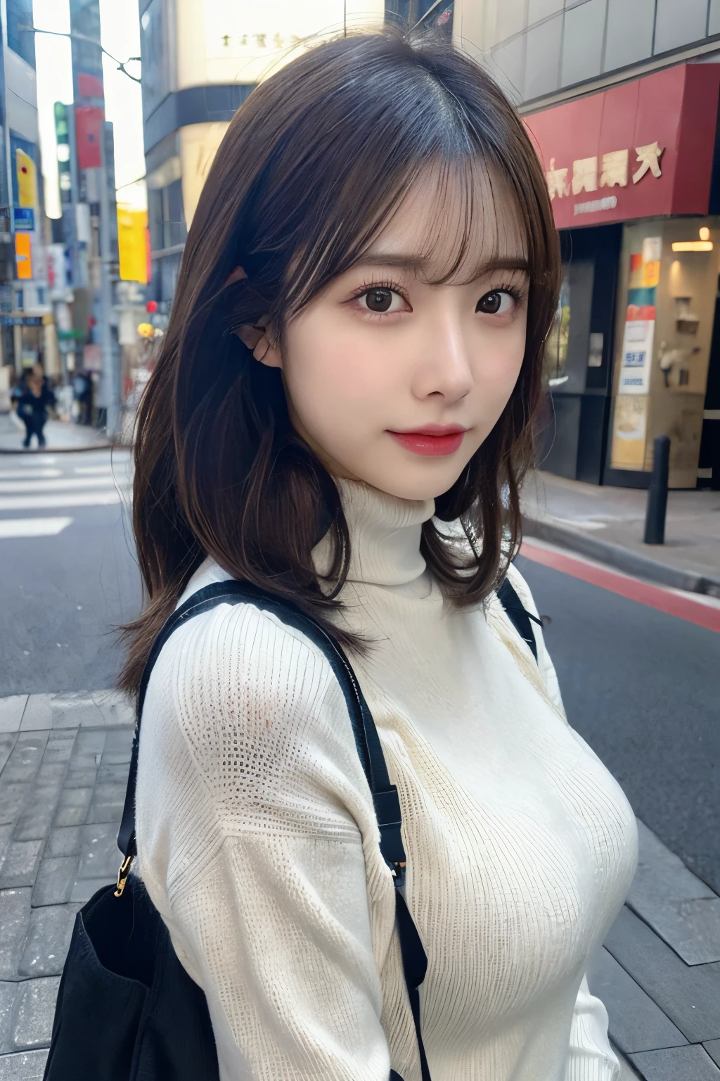 (Colossal tits、Turtleneck knitwear、Shoulder bag)、(top-quality,masterpiece:1.3,超A high resolution,),(ultra-detailliert,Caustics),(Photorealsitic:1.4,RAW shooting,)Ultra-realistic capture,A highly detailed,high-definition16Kfor human skin、 Skin texture is natural、、The skin looks healthy with an even tone、 Use natural light and color,One Woman,japanes,,kawaii,A dark-haired,Middle hair,(depth of fields、chromatic abberation、、Wide range of lighting、Natural Shading、)、(Hair swaying in the wind:1.2)、Streets of Tokyo
