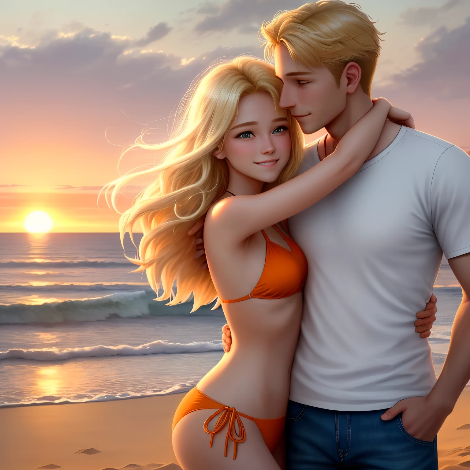 A beautiful sunset on a deserted beach. The soft, golden sand stretches as far as the eye can see, while the calm waves of the sea gently break on the shore. The sky is painted with warm shades of orange, pink and purple, creating a romantic atmosphere.
In the center of the scene, there is a couple in love. The woman is wearing a bikini, her blonde hair loose in the wind. Her smile glows as she nestles in the arms of the man, who hugs her gently. He is wearing a white shirt and jeans, and his look conveys affection and devotion, digital drawing style
