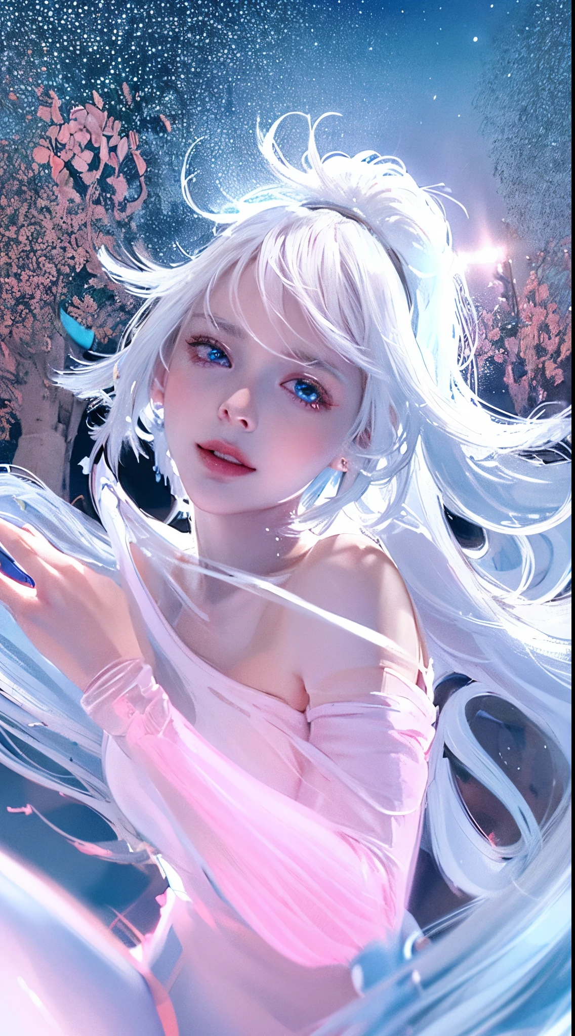 2womanl, Solo, White hair, Parted bangs, Forehead, Single long blade, Blue eyes, pink lips, White tank top, White pantie, Smile, Outdoors, white skin, really white skin, white and pink skin, glowing eye, sex, lesbian, (high quality:2), 4k,