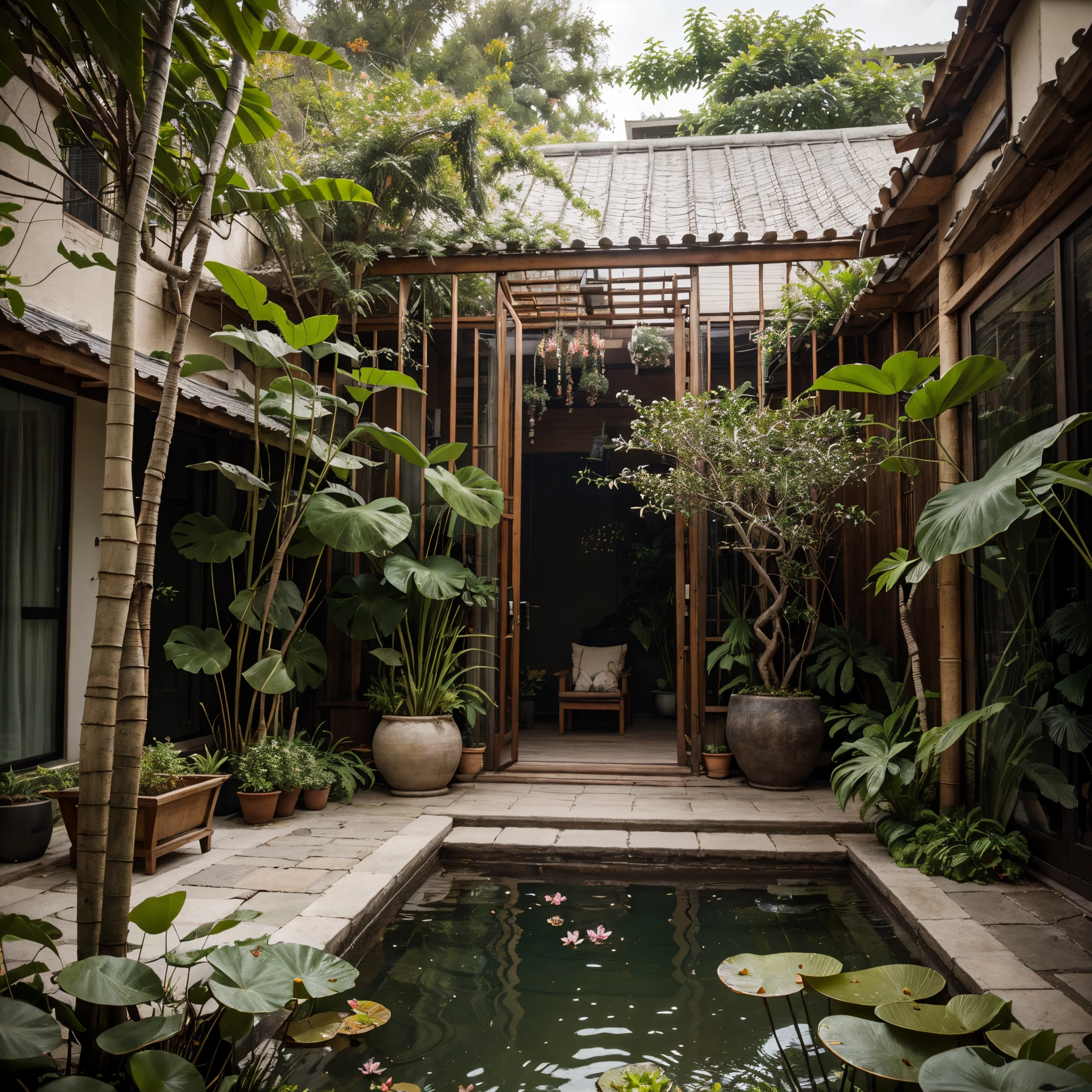 ,masterpiece, best quality,8k, ultra highres,Step into this Thai-style courtyard,You feel like you're in the rainforest of Southeast Asia。In the center of the courtyard is a small lotus pond,The water is crystal clear,The lotus leaves sway gently in the wind。It is surrounded by lush tropical plants,Lots of greenery。Lay Thai-style cushions under the tree,You can sit comfortably and enjoy tea or enjoy the sun。Flower trellis and fences made of bamboo and rattan are cleverly used,It adds an original and sophisticated feel to the courtyard。In this courtyard full of nature and tranquility,You can get away from the hustle and bustle of the city,Find inner peace and relaxation