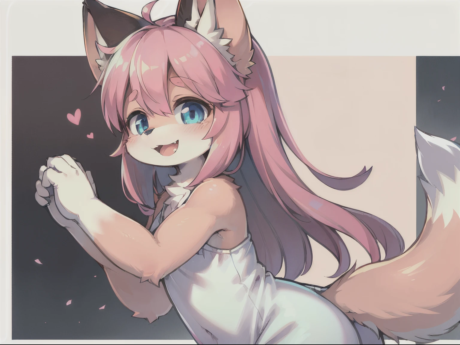 absurdres, furry, furry woman, solo, kemono, (pink body), High detail, fox tail, (one tail), (pink fur, black tip of tail), fox ears, (pink fur), long hair, (pink hair), flat chest, blue eyes, see a beautiful mouth (Laugh cheerfully), leaning slightly, stand up, (white Sundress), side view, Mature age