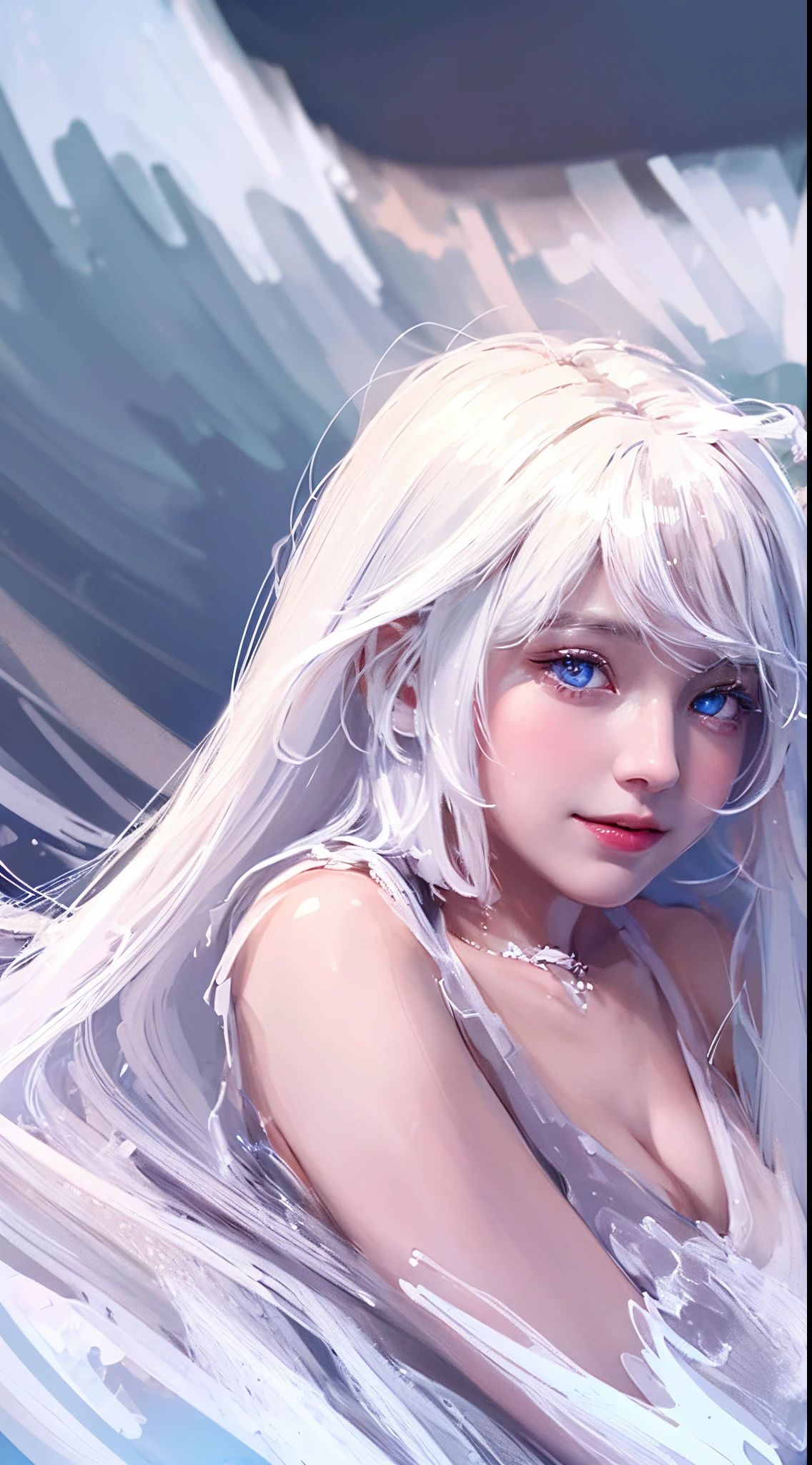 2womanl, Solo, White hair, Parted bangs, Forehead, Single long blade, Blue eyes, pink lips, White tank top, White pantie, Smile, Outdoors, white skin, really white skin, white and pink skin, glowing eye, sex, lesbian, (high quality:2), 4k,