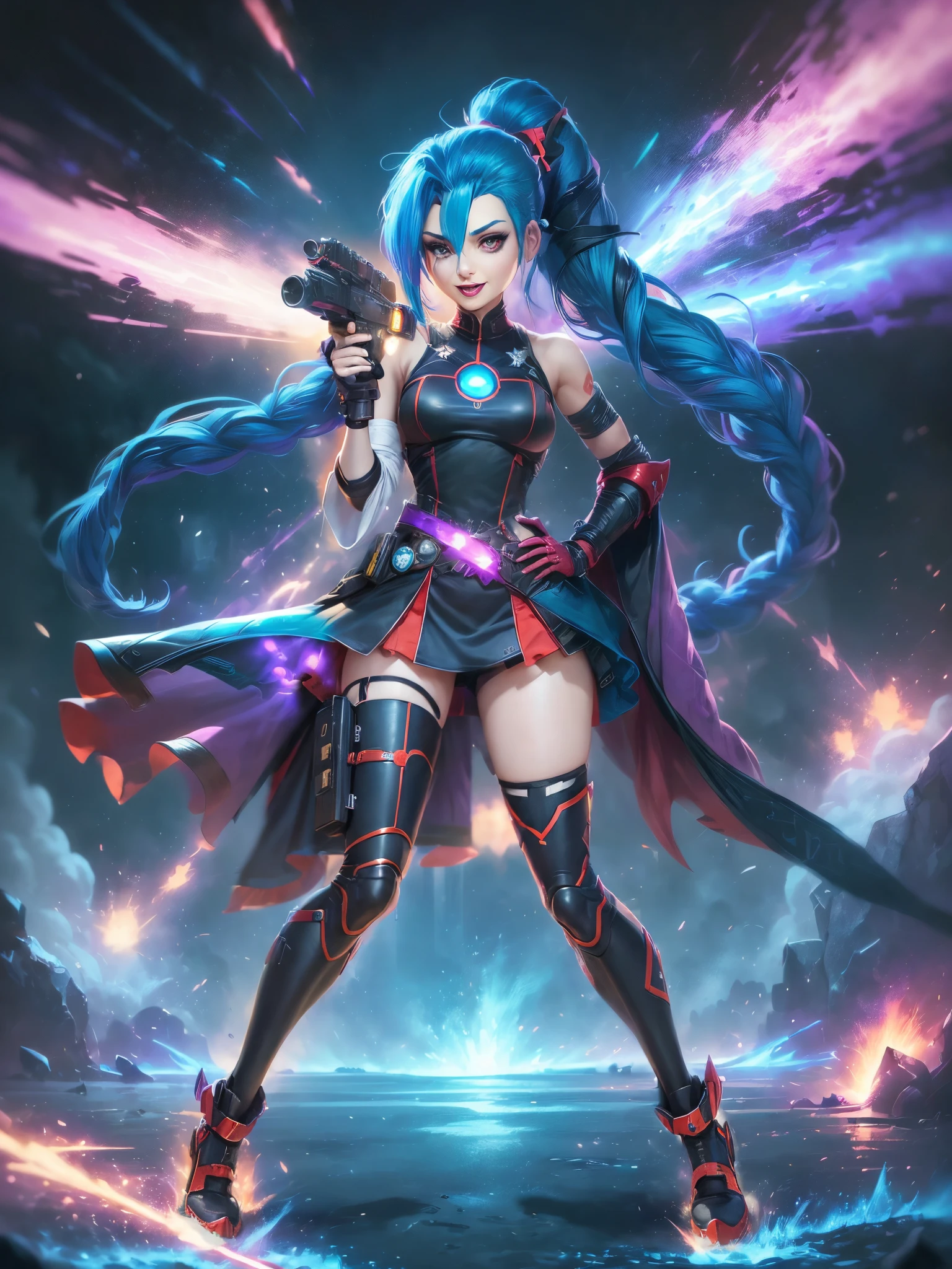 (Long-range shooting: 1.5), jinx \(league of legends\), (1girl，League of Legends Jinx)，(Scarlet eyes: 1.2, crazy laughter, Blue double ponytail hair: 1.5)，Kungfu，Wearing future technology mechanical armor，(Holding a particle laser cannon in hand，a revolver)，Aoshu crystal, Attack status，(cosmic starry sky，surrounded by shooting stars，League of Legends Game World)，Illustration style，The whole body is exposed to starlight for a long time，(Jinx’s exquisite facial features，Perfect hand features)，martial arts style，(Selective focusing，full body shot of，tmasterpiece，ultra - detailed，Epic work，highest  quality，8k，panorama, first-person view, atmospheric perspective, UHD, masterpiece, ccurate, anatomically correct, textured skin, high details, award winning, best quality), jinxlol, bydylankowalski, BJ_Gundam