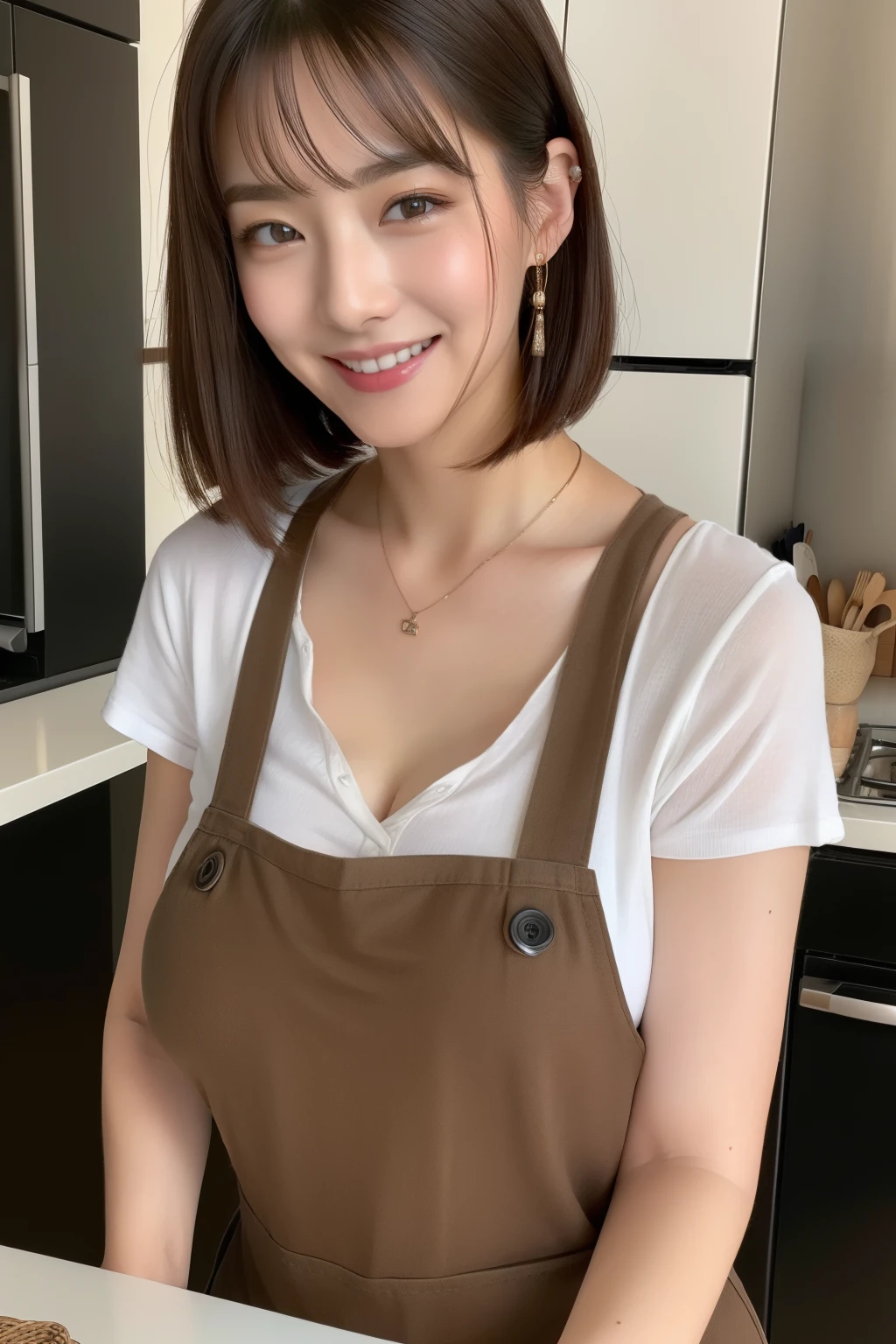 ((Top Quality, 8k, Masterpiece: 1.3)), Sharp Focus, 1 Girl, Slim Beauty: 1.2, Brown Hair, (Big: 1.5), (Layer Cut), Detailed Eyes, Double Eyelids, Cute Smile, (Close Mouth), (Cute Japan Beauty), Beautiful short-haired waitress delivering orders