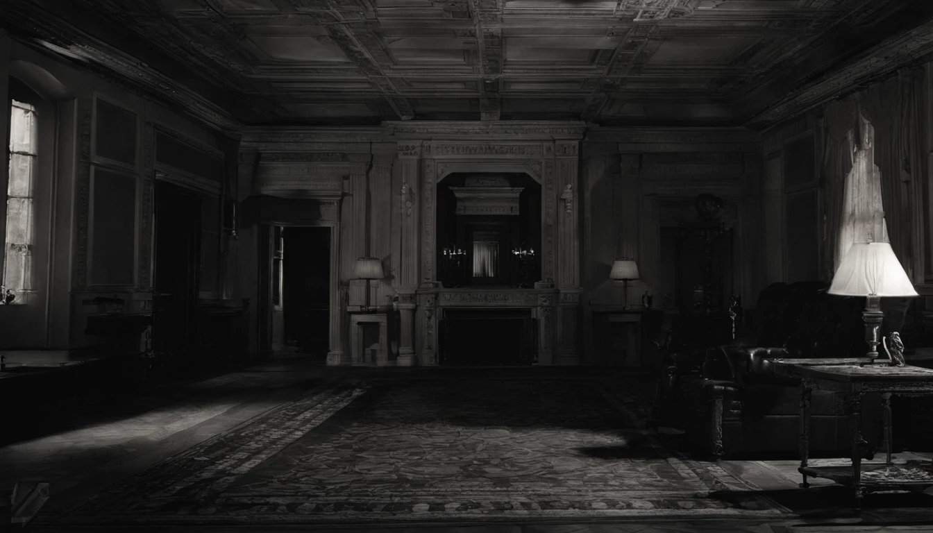 Take us to the mansion's grand entrance hall. Use palavras para criar uma imagem da sala bem iluminada . Como as lanternas revelam a arquitetura intrincada, altamente detalhado realista