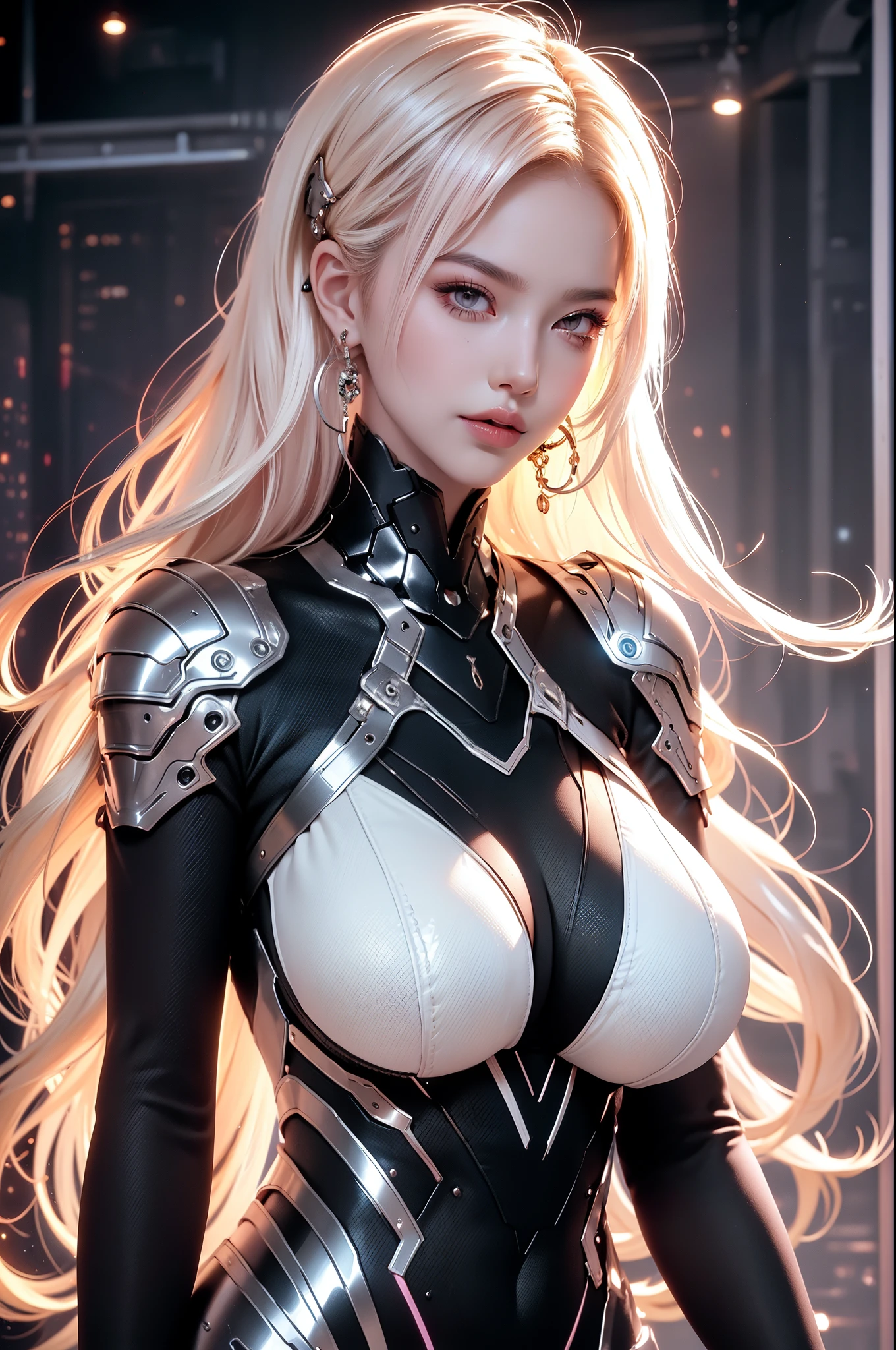(masterpiece), best quality, expressive eyes, perfect face, beautiful details face, beautiful round eyes, upper body, A beautiful mature woman in cyber armour suit shows her Extremely busty and attractive breasts, (light smile), (platinum pink hair), (high ponytail, expressive hair, shiny hair, glowing hair, multicolored hair, gradient hair, colored inner hair, straight hair, medium long hair), fair skin, (beautiful detailed full bodysuit:1.3), full body cyber armour, glowing and shining armour, silver and pink cyber armour, (Edge lights:1.3), (silver and pink colour scheme:1.3), neon light on armor, beautiful details eyes, (pink eyes:1.3), (glowing eyes:1.2), (Gigantic saggy breasts:1.5), thick body, (well accentuated curves), pink lips, (silver nails), mascara, Long eyelashes, eyeliners, (Extremely wide well defined hips:1.3), (beautiful massive thick thighs:1.3), slender figure, (Extremely detailed skin texture:1.2), beautiful detailed realistic muscle definition, golden lights that shimmer, high detailed eyes, ultra-high quality model, proportionate, intense colouration fantasy, (background spiral galaxy, beautiful background), pink and silver tetradic colours, earrings, (1girl), solo, shine