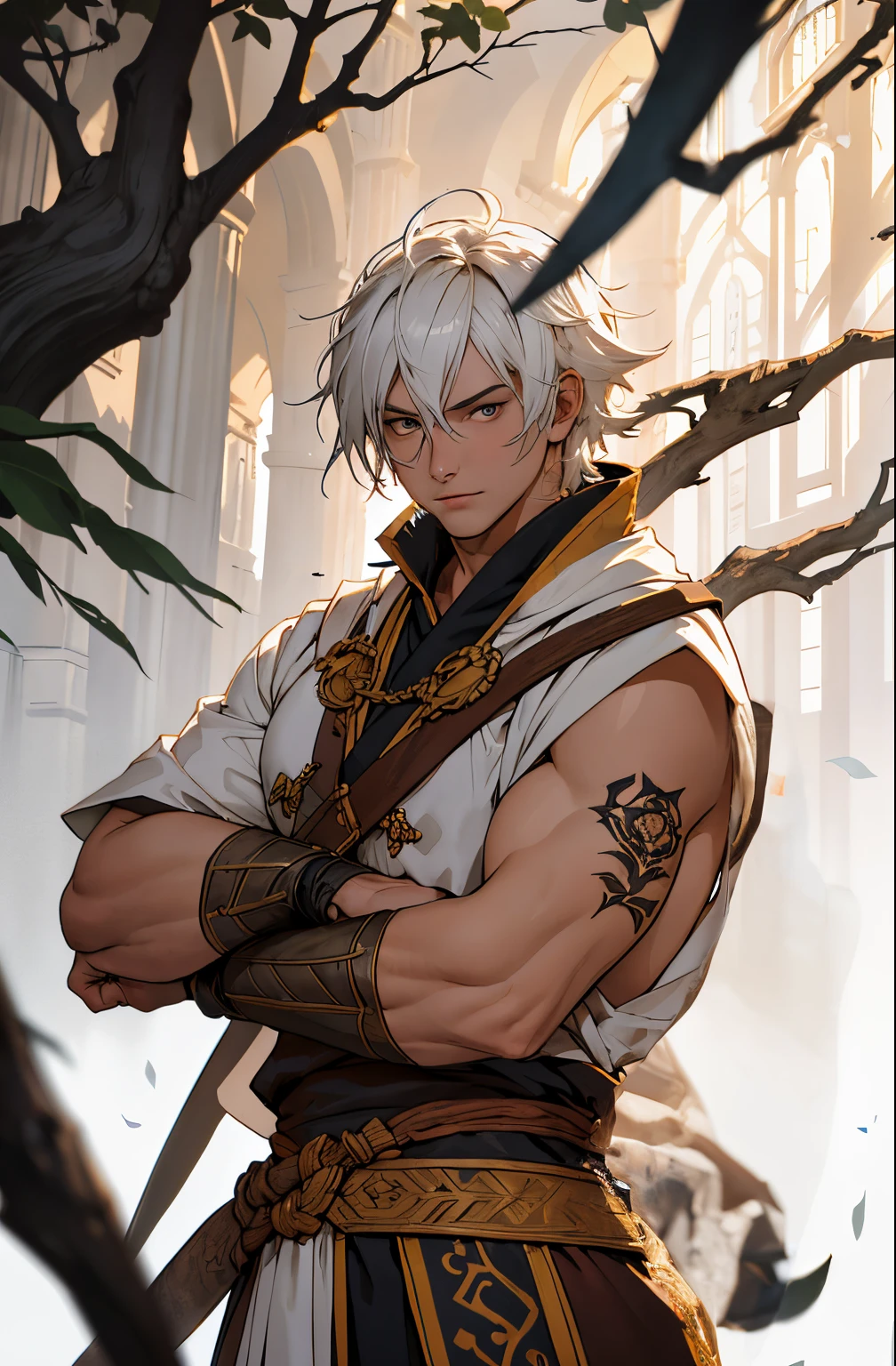 lower body horse upper body, male, muscular, white hair, deer horns