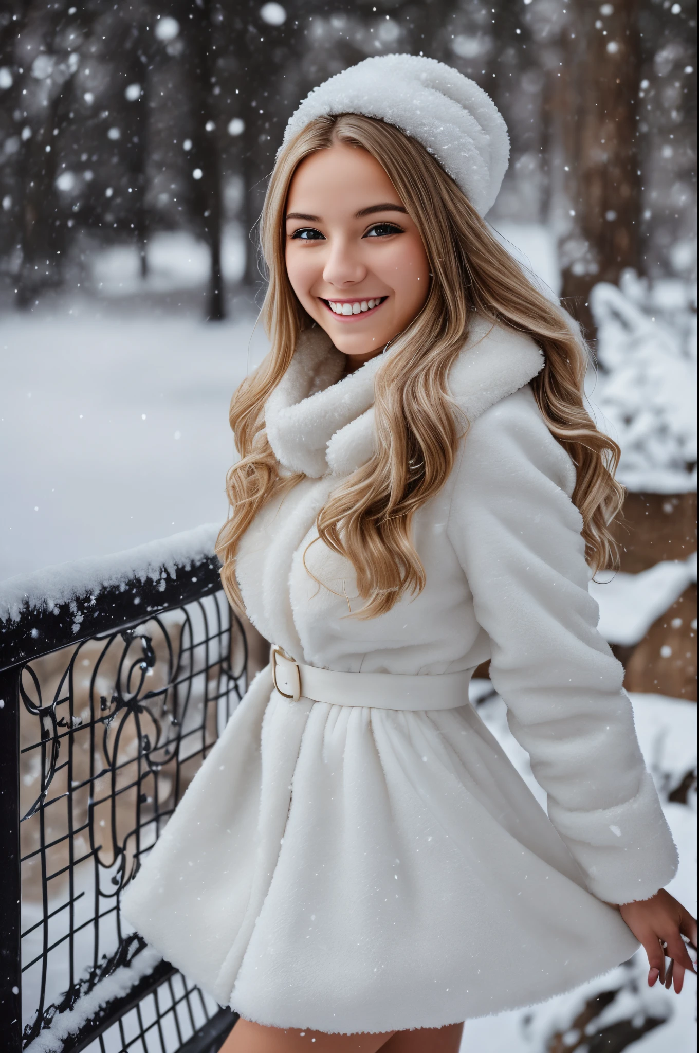 photorealistic natural very detailed skin, nice smile,beautiful blonde 21 year old girl in white narrow sexy fakefur dress, snowy winter environment,smiling happy, canon d1 85 mm --auto --s2