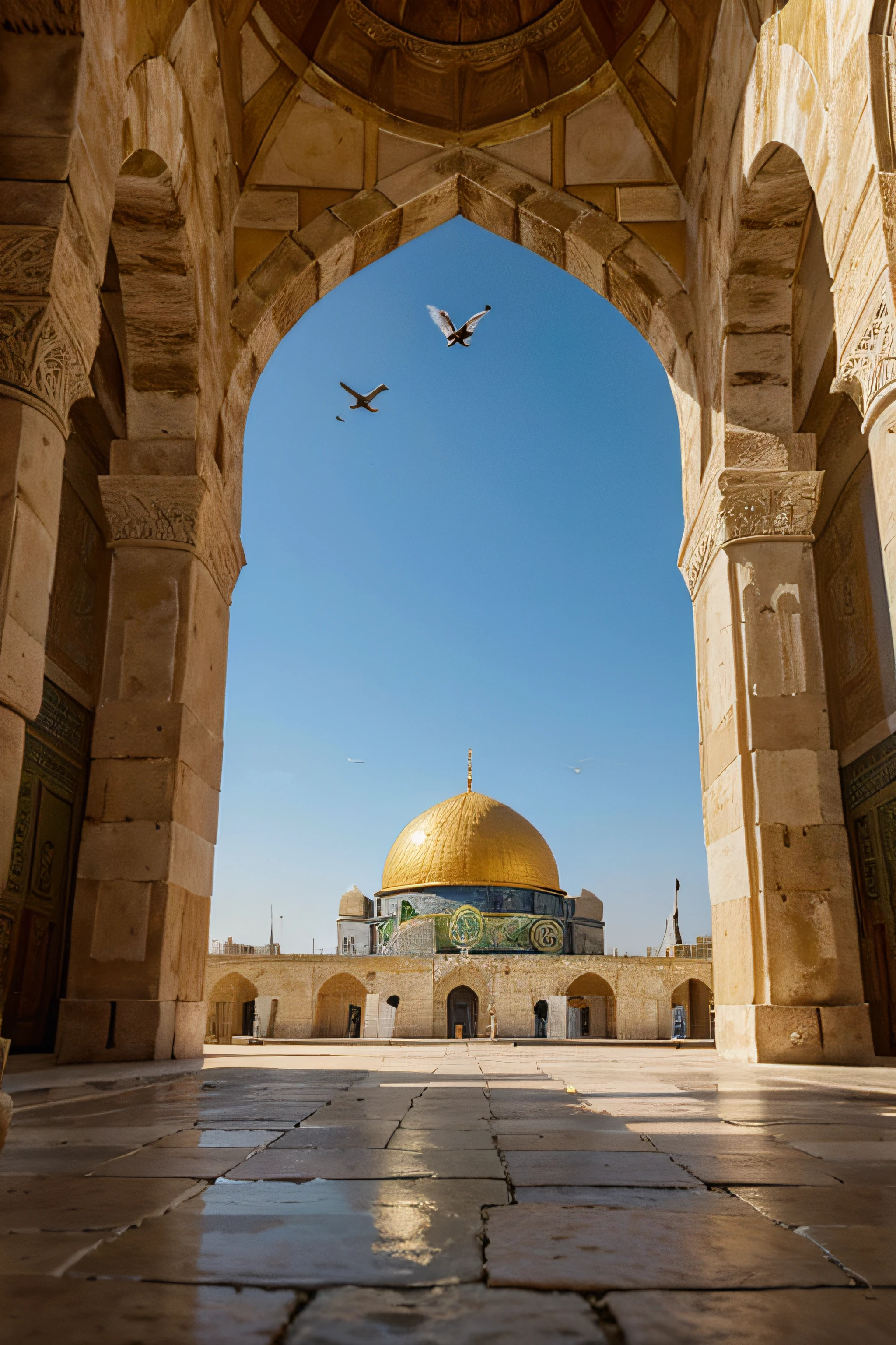 best quality, highres, HDR, ultra-detailed, professional, vivid colors, bokeh, detailed design of Al-Aqsa Mosque, beautiful architecture, golden domes, intricate geometric patterns, peaceful atmosphere, holy place, religious significance, serene courtyard, people praying, traditional Islamic attire, bright sunshine, soft lighting, sacred aura, spiritual experience, historical landmark, ancient walls, beautiful calligraphy, lush greenery, blooming flowers, birds flying in the sky, flags waving, the Dome of the Rock, captivating skyline, stunning panoramic view, mesmerizing sunset, traditional Arabic music in the air, a sense of tranquility, peaceful coexistence, unity, cultural diversity, architectural masterpiece, source of inspiration, cultural heritage, symbol of faith, a place for reflection and introspection, pilgrimage destination.