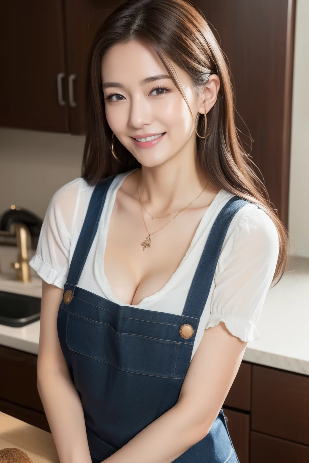 (top-quality、8K、masterpiece:1.3)、Beautiful Women in Perfect Figure:1.4、dark brown hair、Wearing a pendant、Wearing a white breastplate apron、in a kitchen、extremely detailed face and skin、A detailed eye、二重まぶた、Colossal tits、A smile、 And an open crotch
