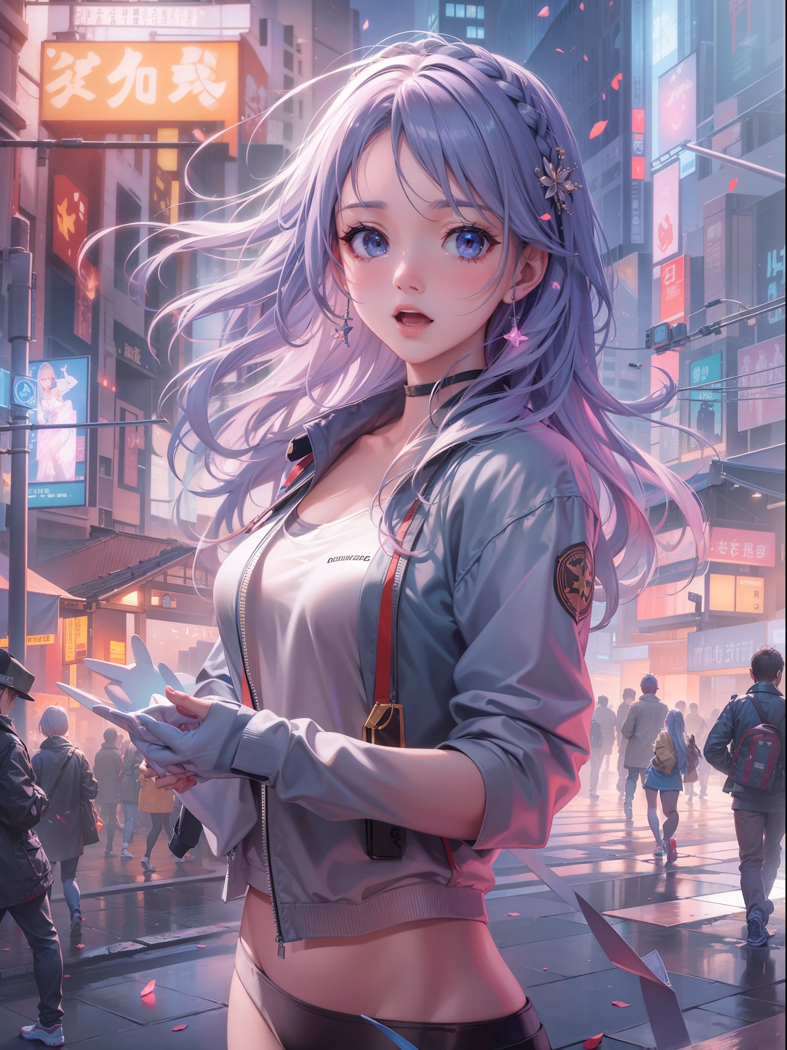 Anime girl with purple hair and blue eyes standing in the street ...